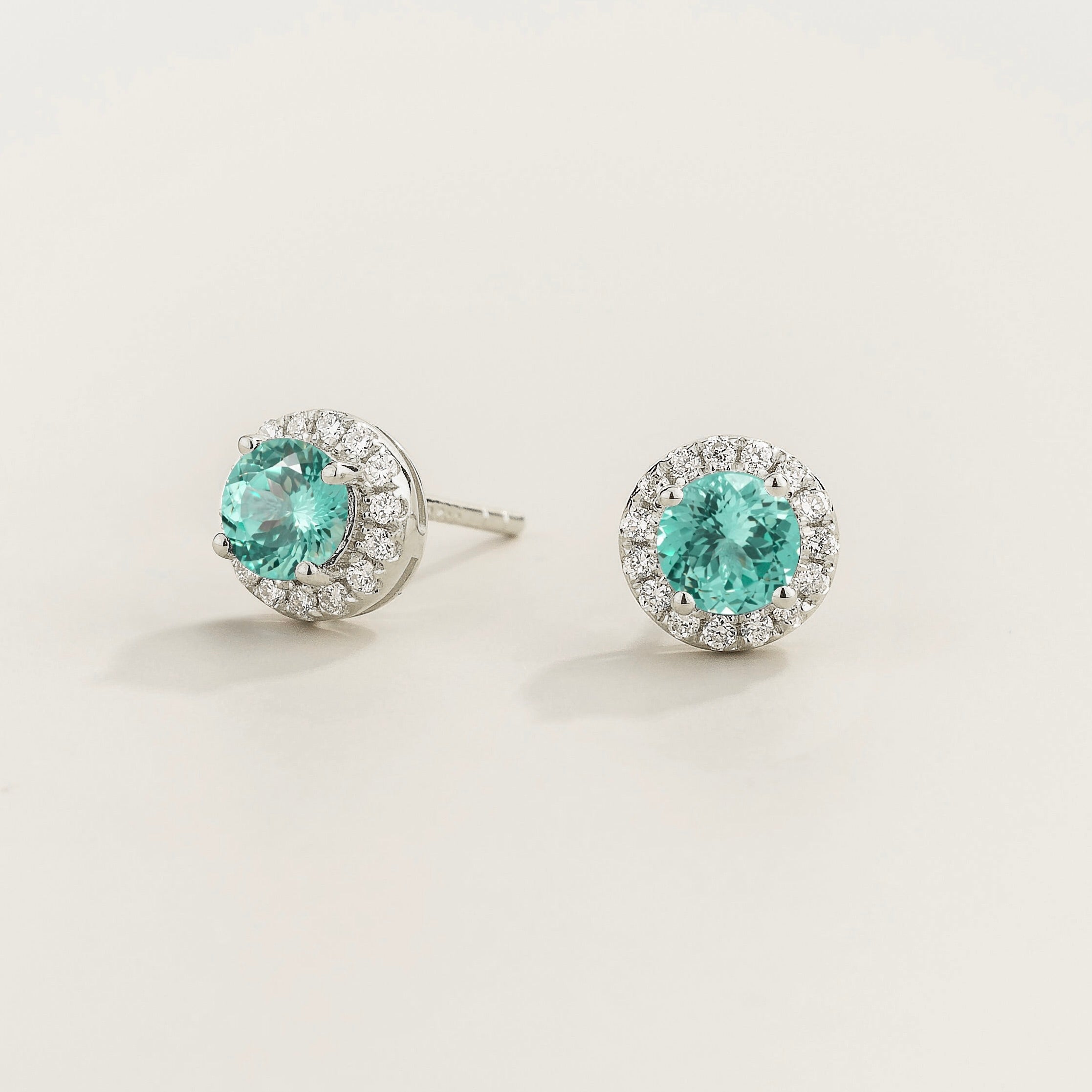 Mars Paraiba Round & Diamond Halo Earrings In White Gold