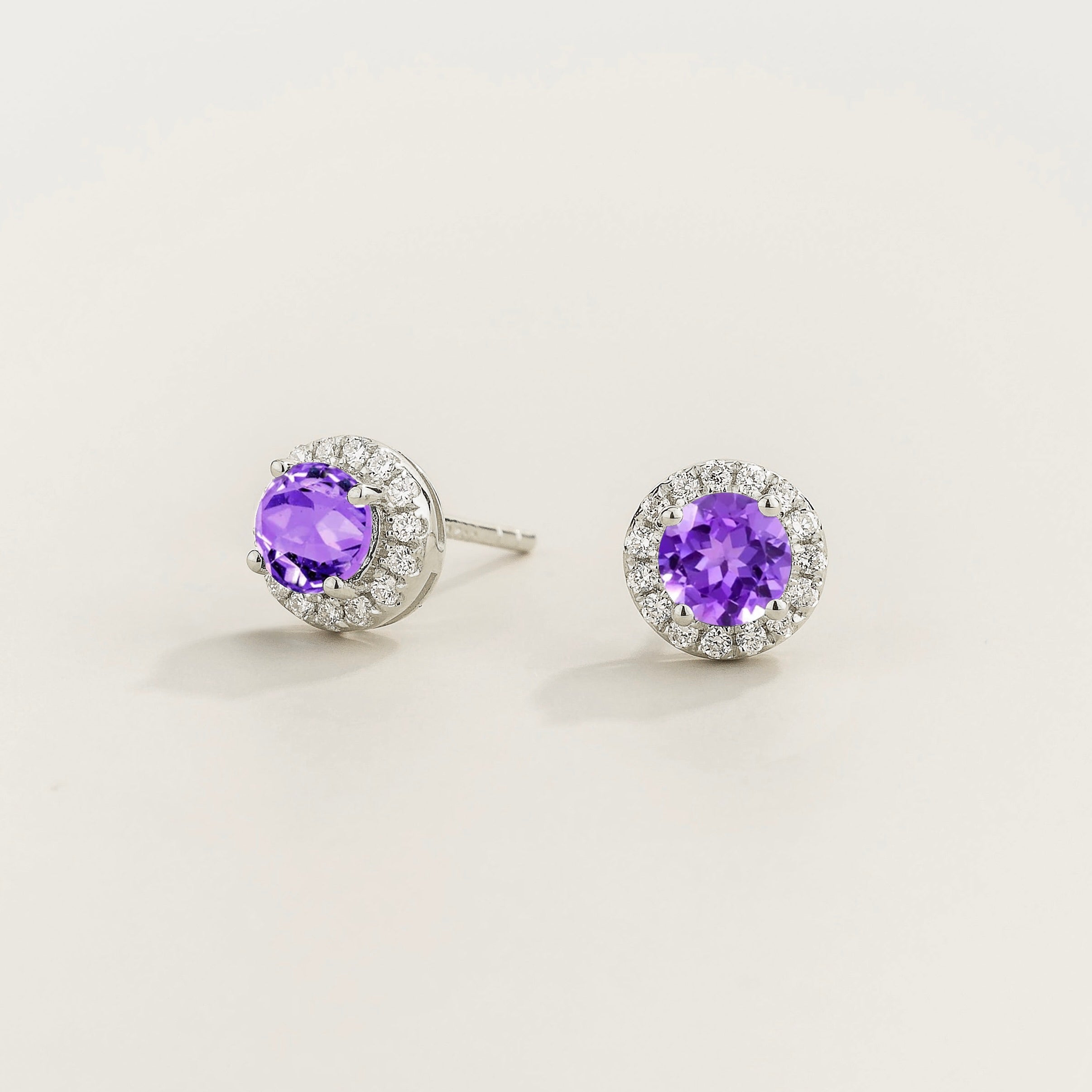 Mars Purple Sapphire Round & Diamond Halo Earrings In White Gold