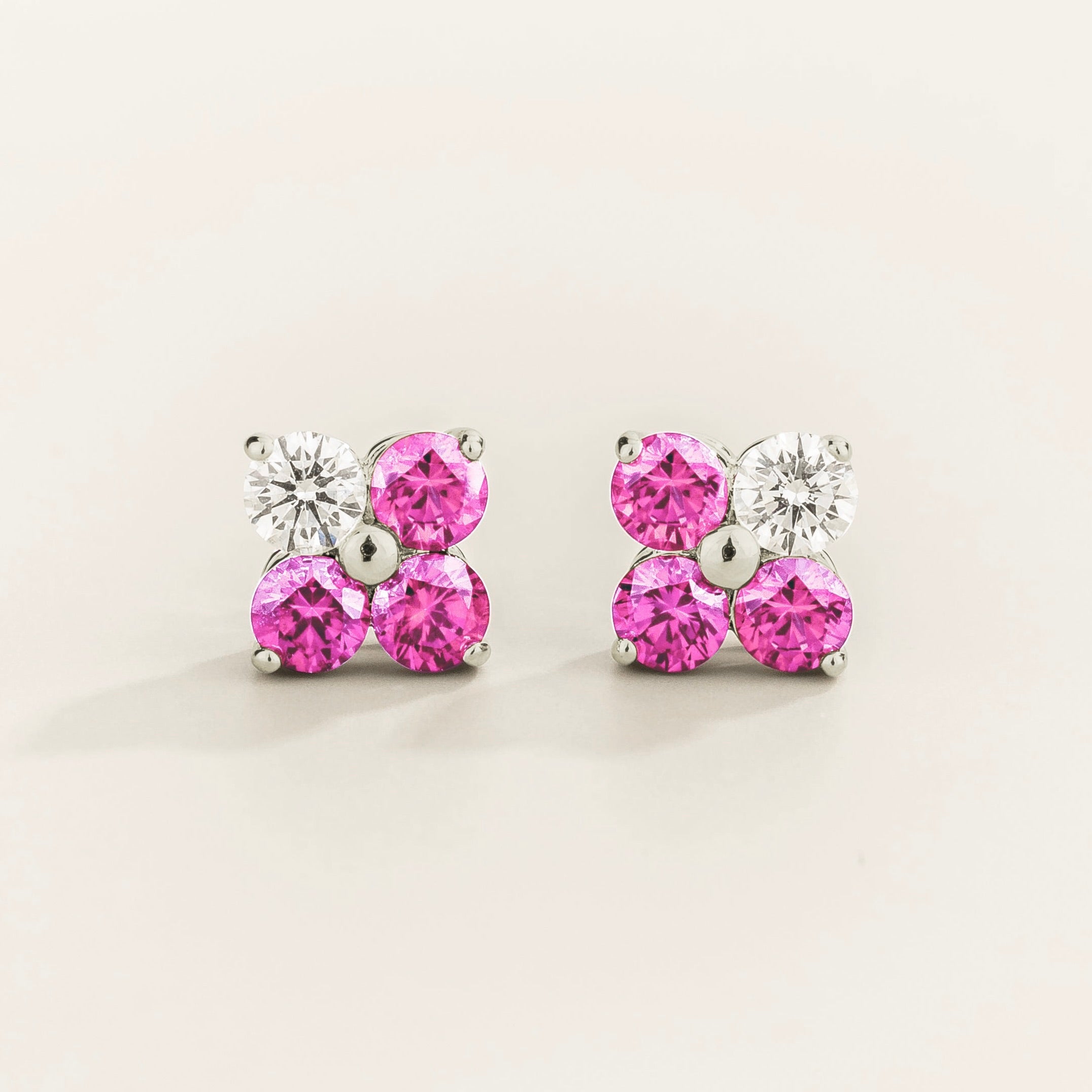Clover Pink Sapphire & Diamond Earrings In White Gold