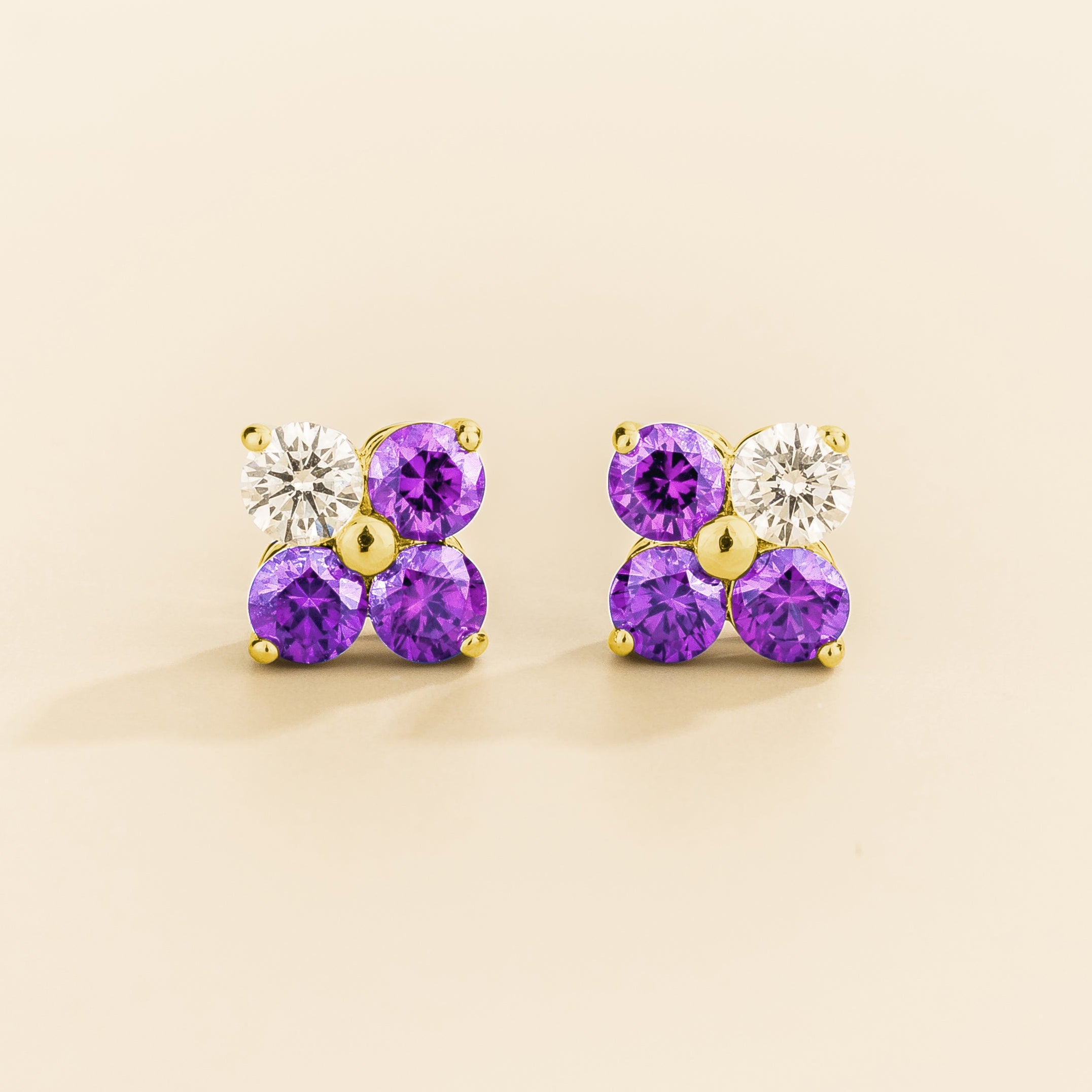 Pair of 4 gemstones purple sapphire and diamond earrings in gold