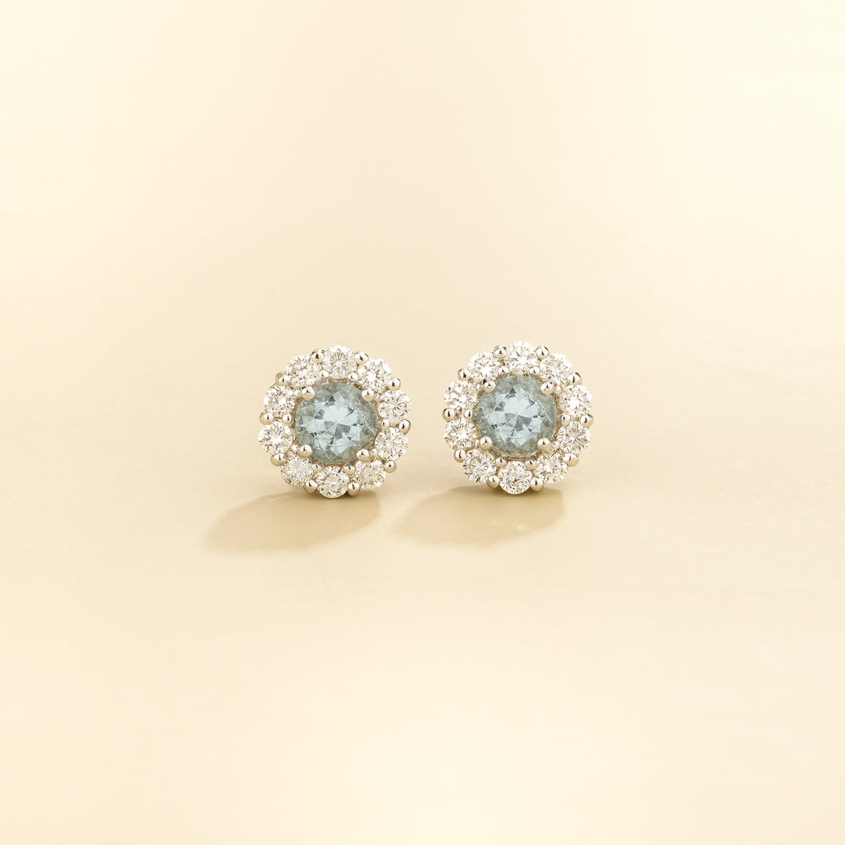 Talia Round Aquamarine & Diamond Halo Stud Earrings front