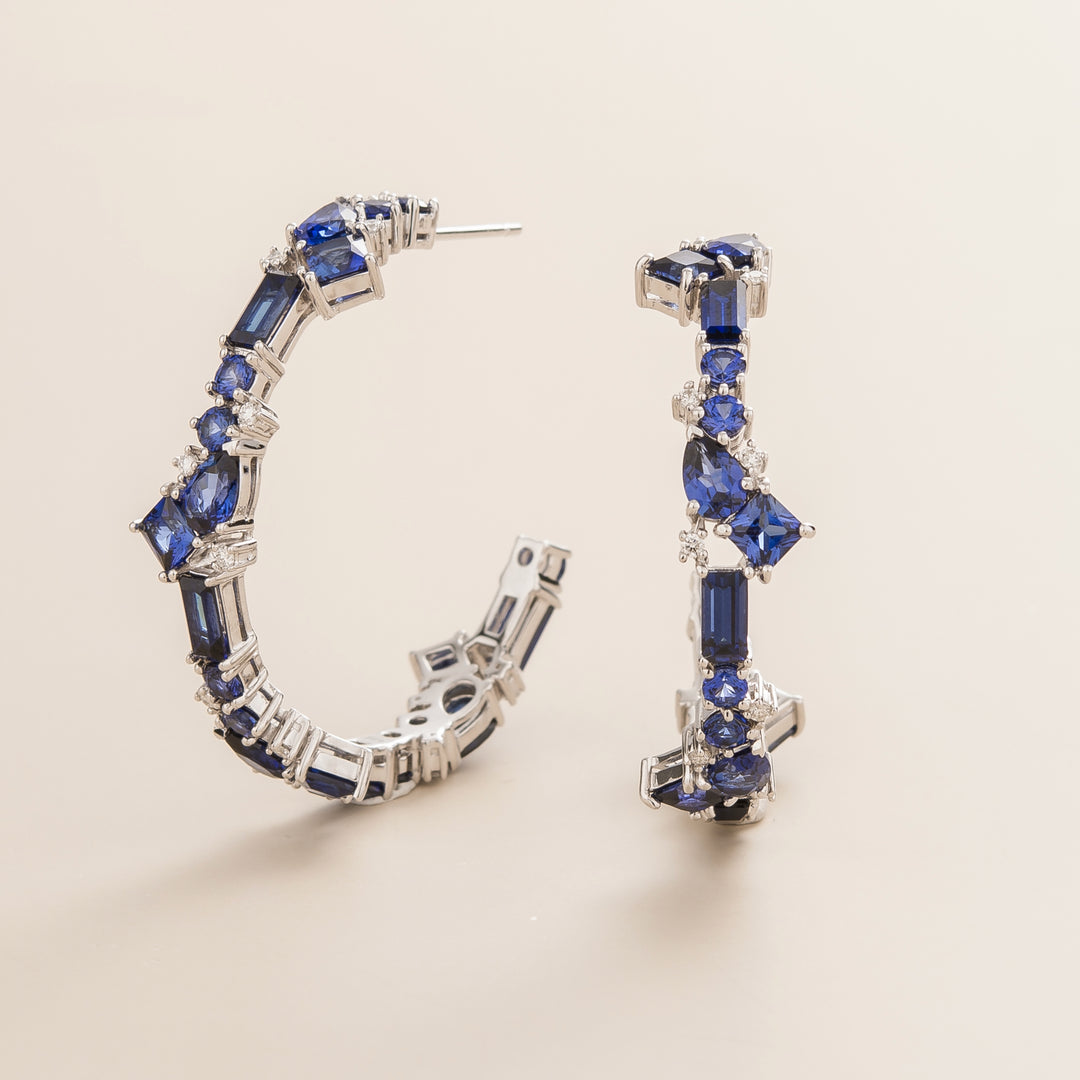 Lanna earrings - large hoop Blue sapphire and Diamond set in White gold