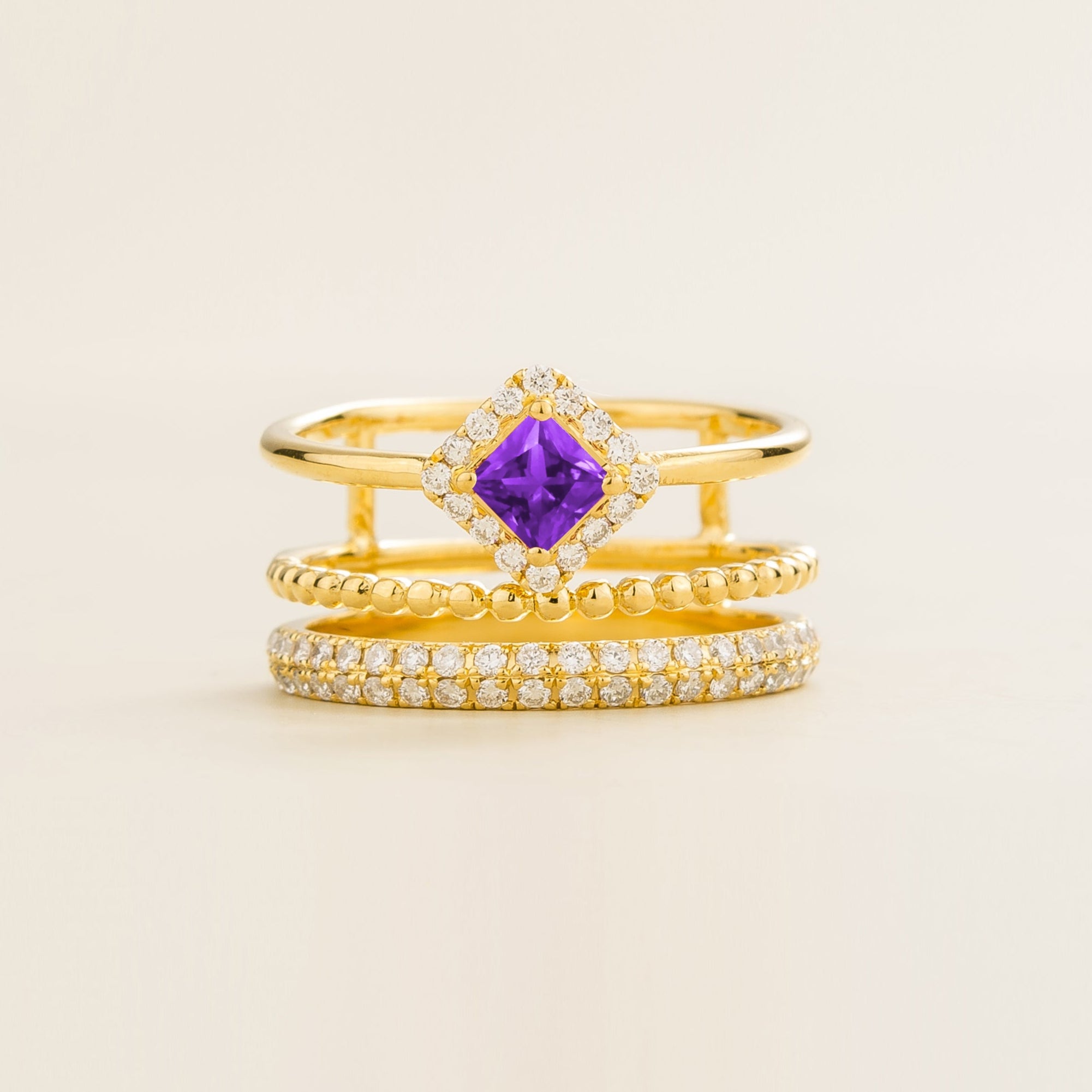 Amici Gold Stacking Ring In Princess Cut Purple Sapphire and Round Diamond Pavé By Juvetti Online Jewellery London