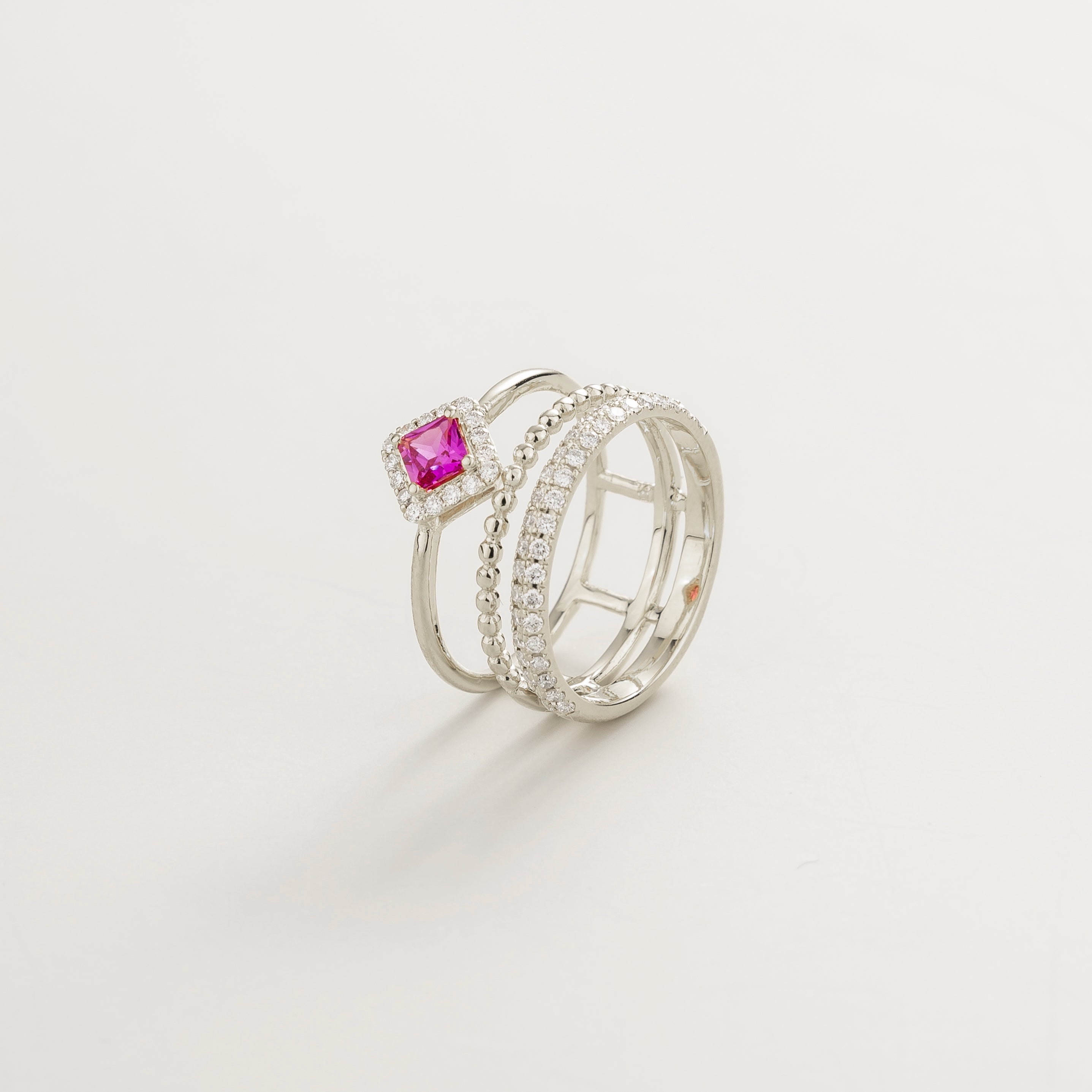 Amici Pink Sapphire & Diamond Stacking Ring in White Gold