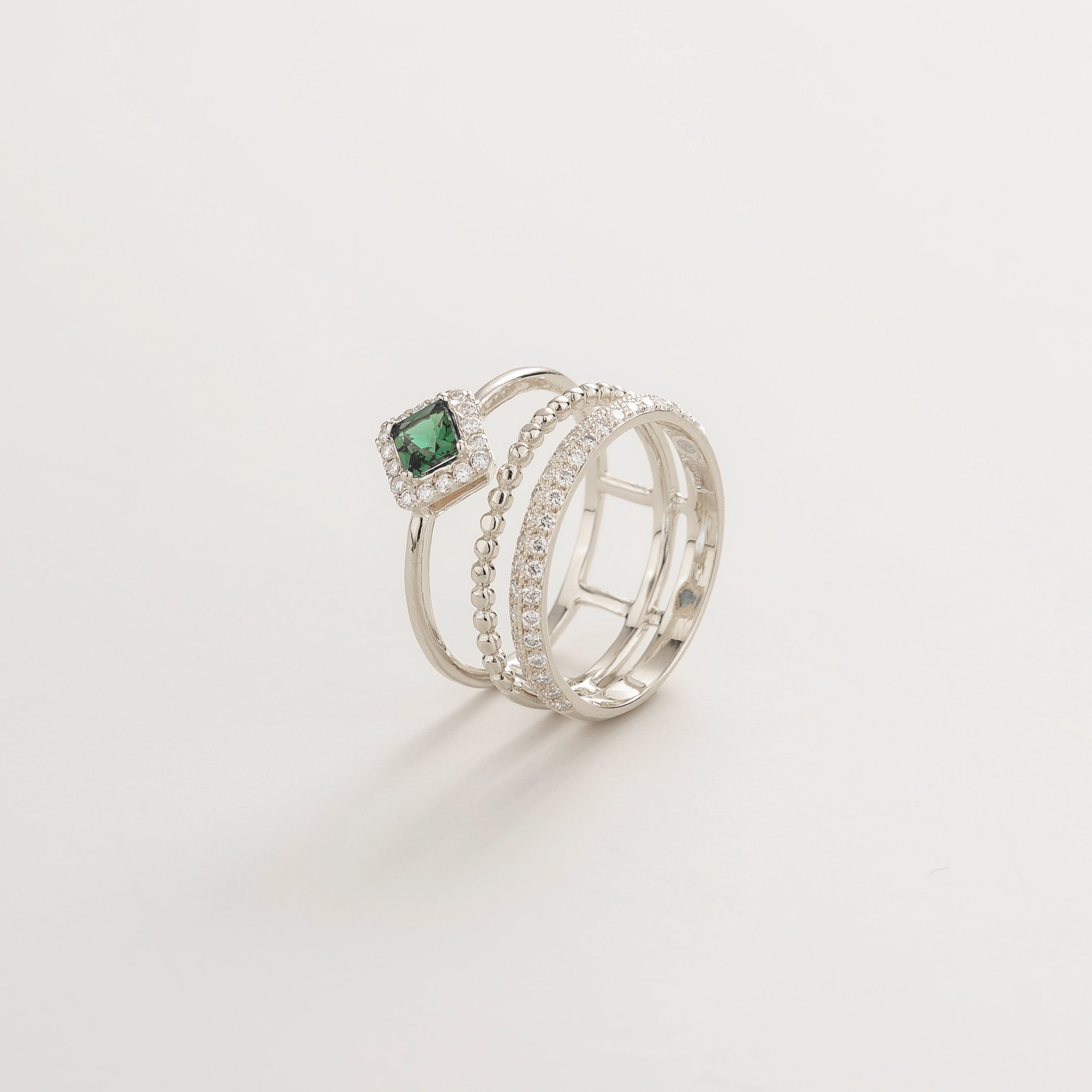 Amici Emerald & Diamond Stacking Ring in White Gold
