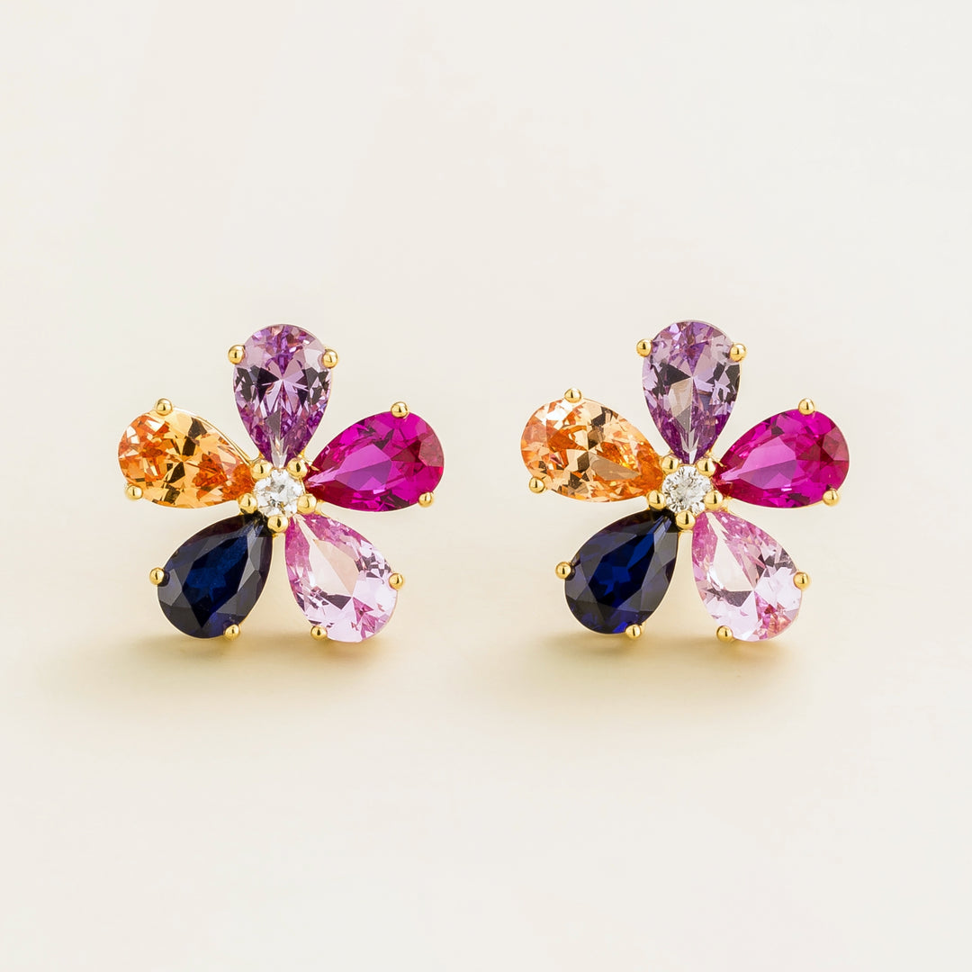 Florea Gold Earrings Diamonds, Blue Sapphire, Pink Sapphire & Champagne Sapphire
