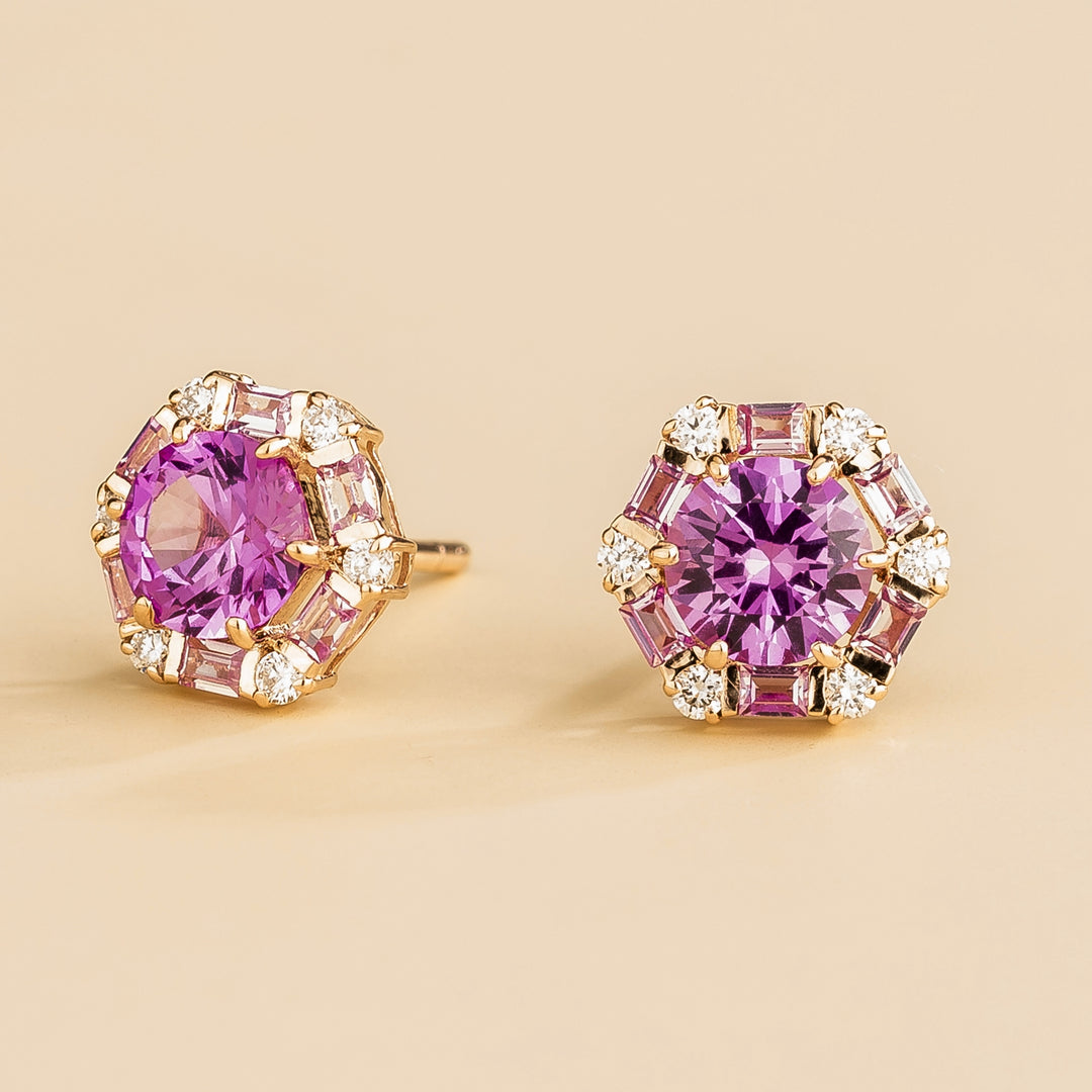 Melba Rose Gold Earrings Set With Purple Sapphire, Pink Sapphire & Diamond