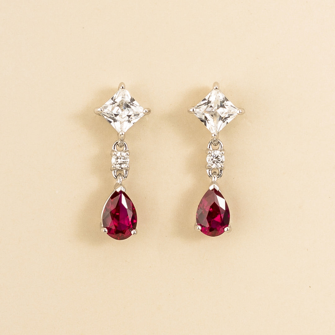 Ori white gold earrings set with White sapphire, Ruby & Diamond