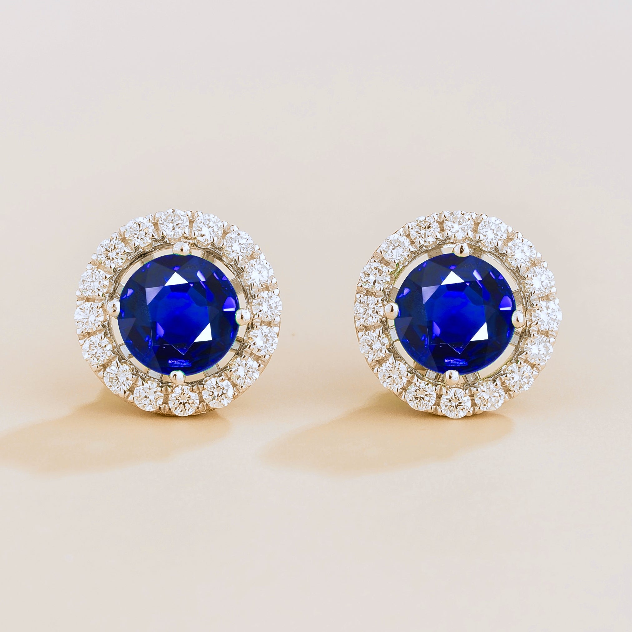 Floret Round Blue Sapphire & Diamond Halo Stud Earrings in White Gold