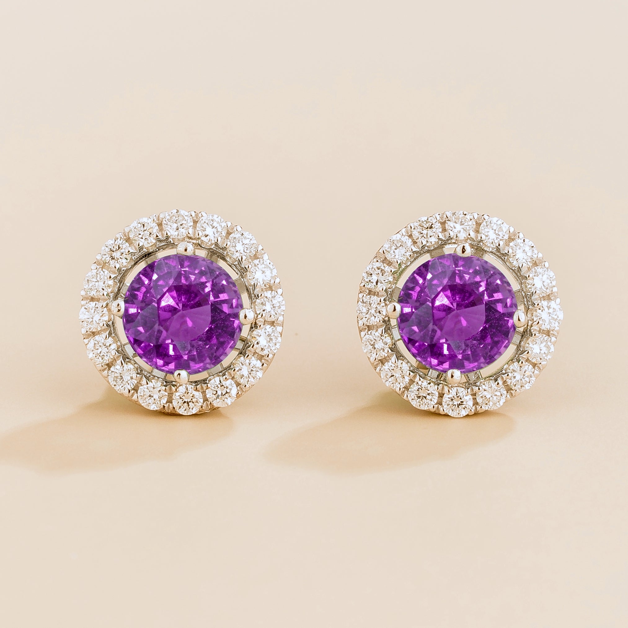 Floret Purple Sapphire Round & Diamond Halo Stud Earrings in White Gold