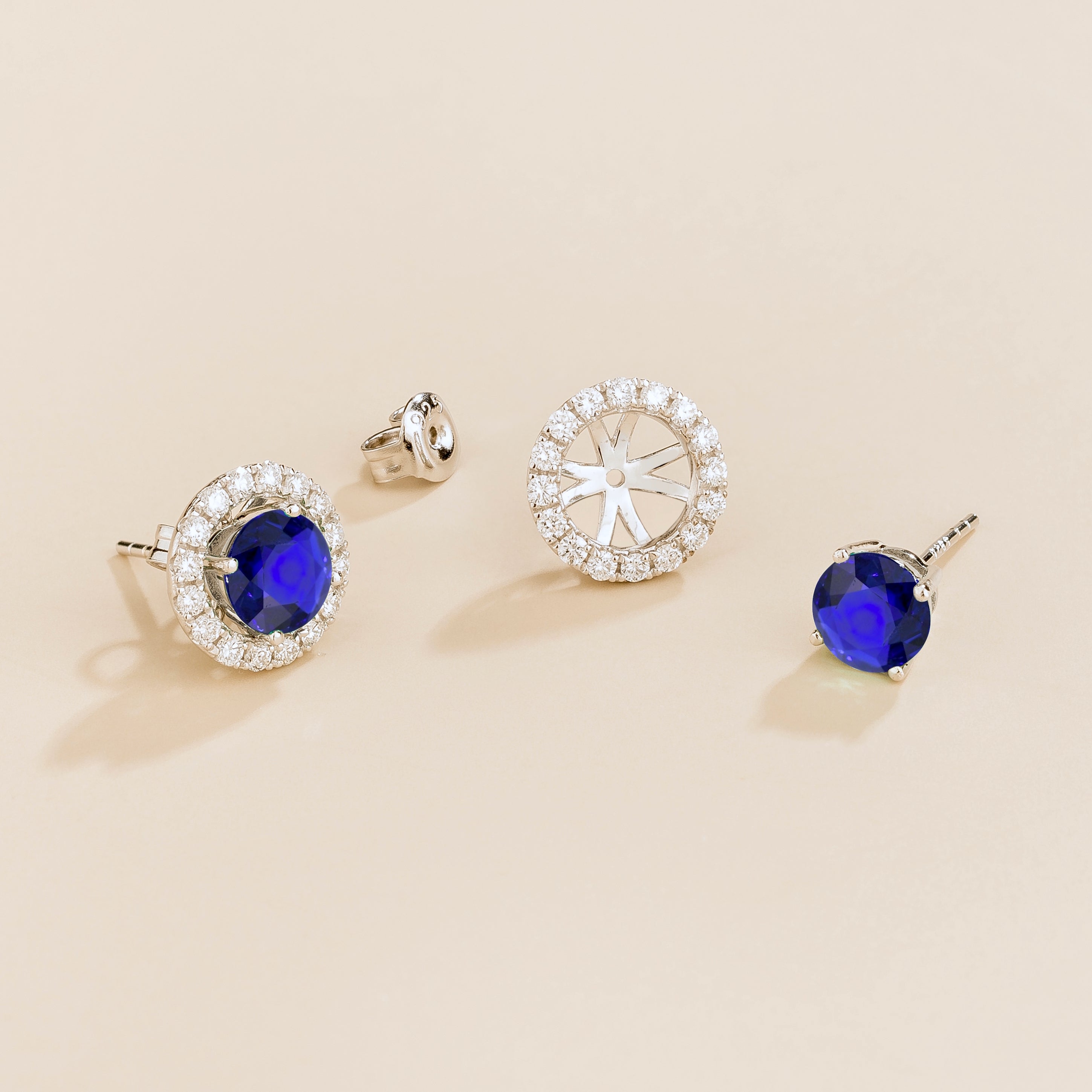 Floret Round Blue Sapphire & Diamond Halo Stud Earrings in White Gold