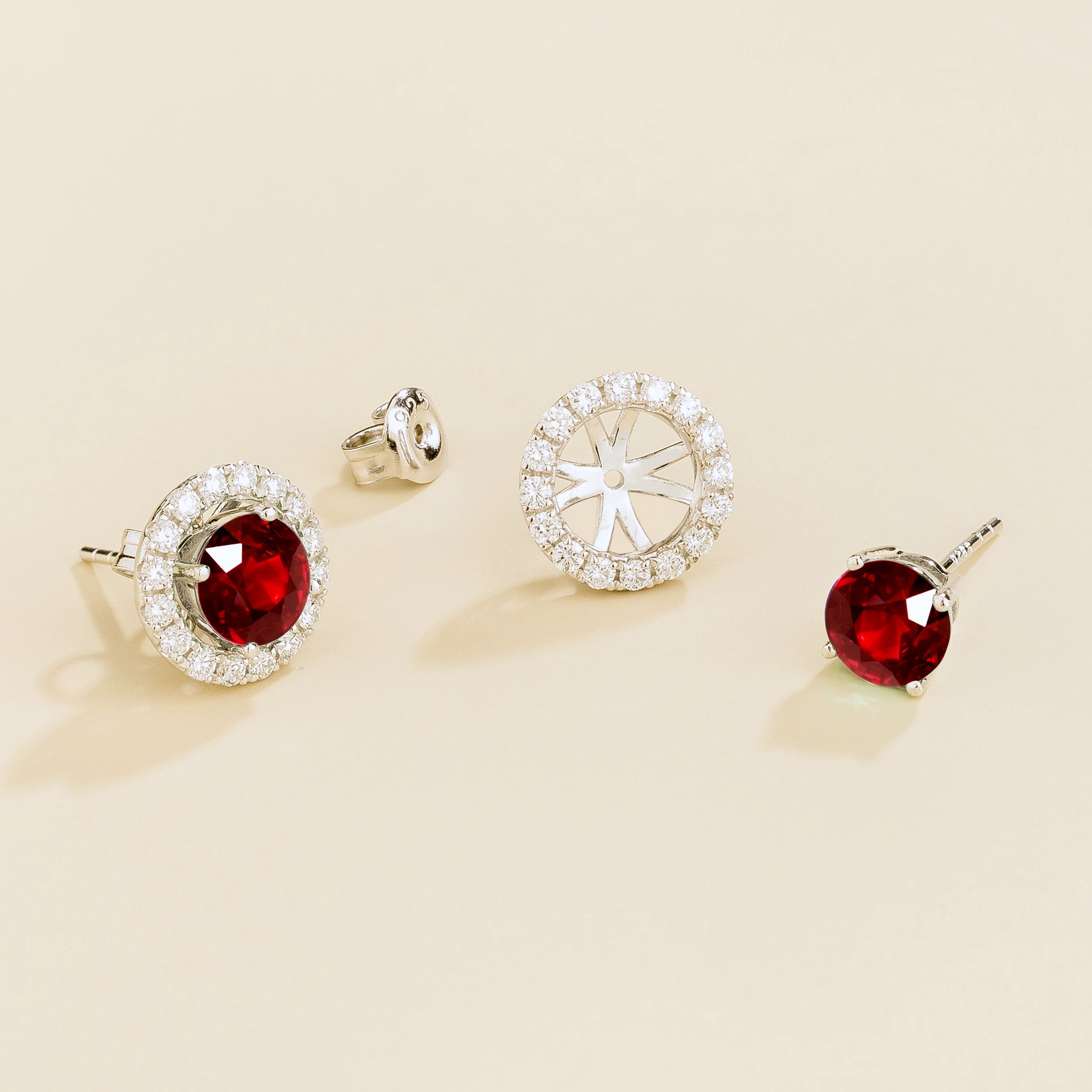 Floret Ruby Round & Diamond Halo Stud Earrings in White Gold