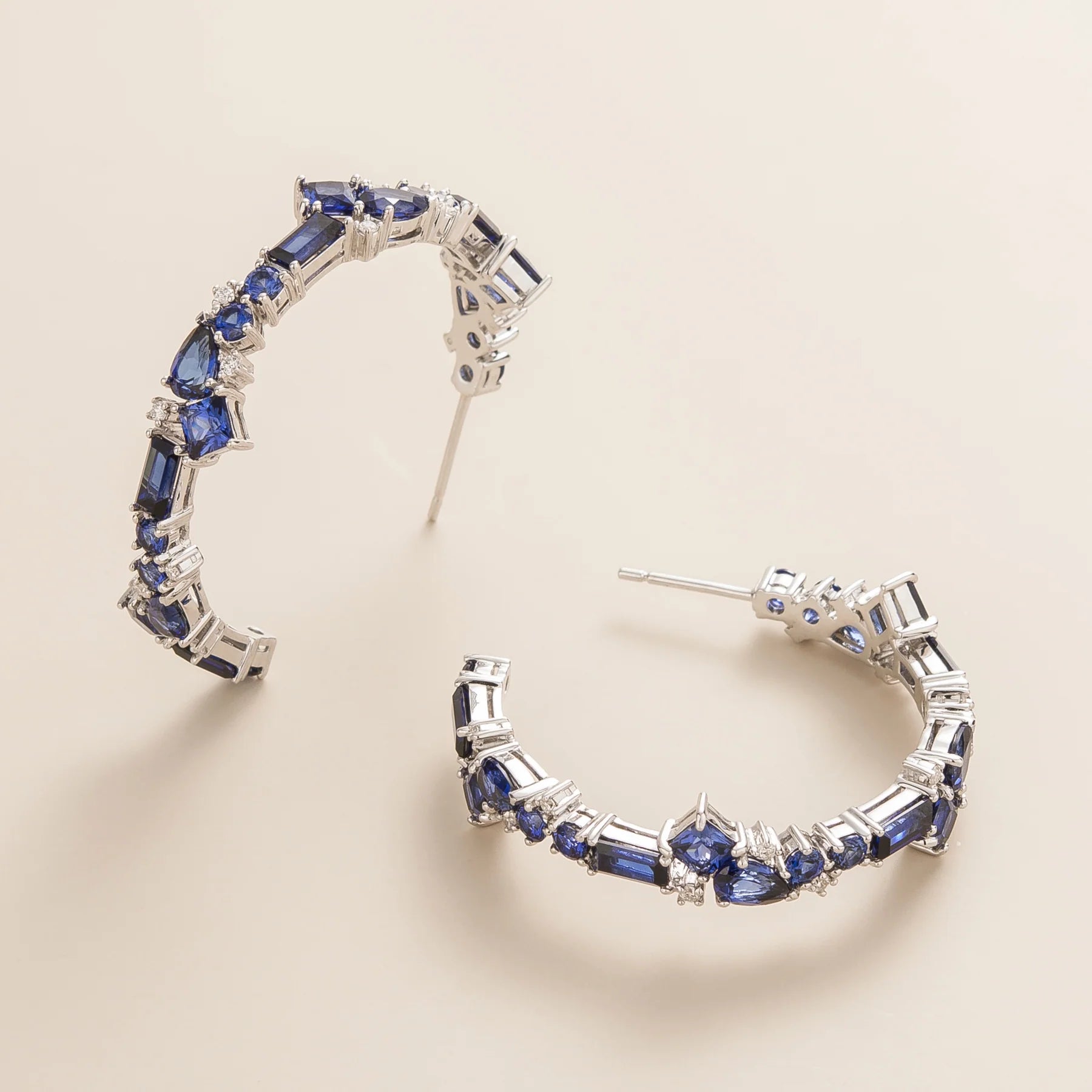 Lanna Large Hoop Earrings Set With Blue Sapphire earrings with Diamond By Juvetti London UK