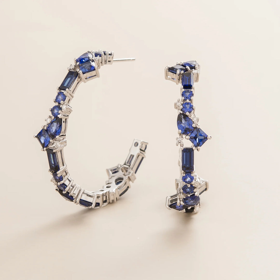 Lanna Large Hoop Earrings Set With Blue Sapphire earrings with Diamond By Juvetti London