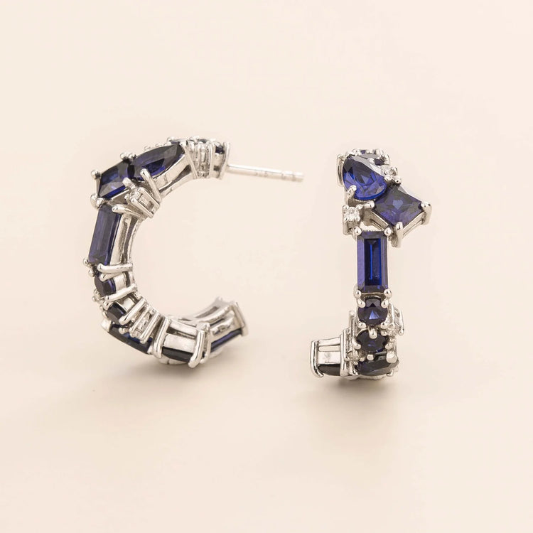 Lanna Medium Hoop Earrings In Blue Sapphire and Diamond Set In White Gold Bespoke Jewellery From London