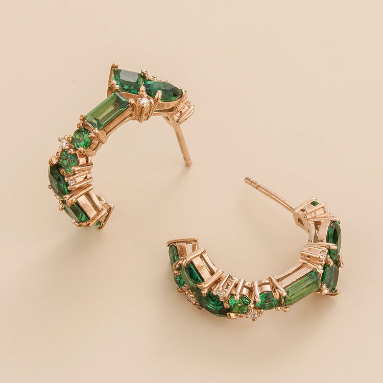 Lanna Medium Hoop Earrings In Emerald and Diamond Set In Rose Gold By Bespoke Jewellery London UK