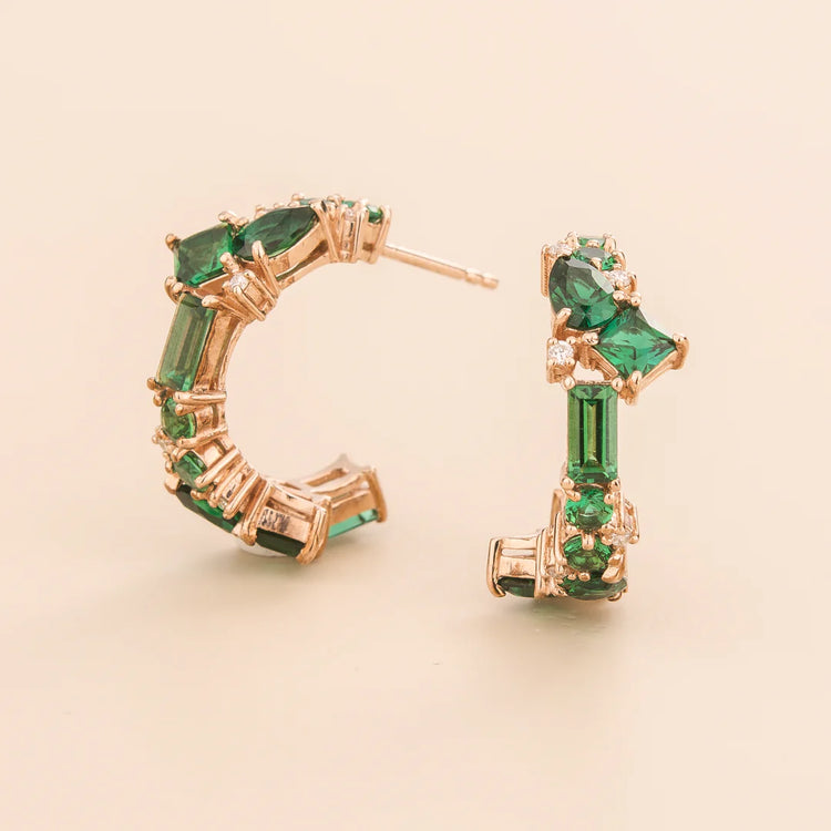 Lanna Medium Hoop Earrings In Emerald and Diamond Set In Rose Gold By Bespoke Jewellery London
