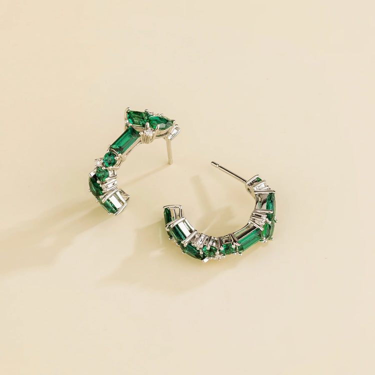 Lanna Medium Hoop Earrings In Emerald and Diamond Set In White Gold By Bespoke Jewellery London UK