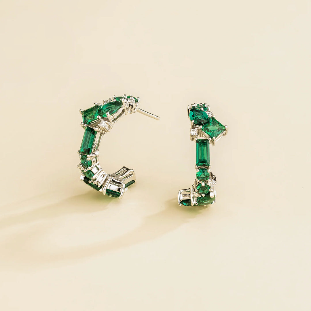 Lanna Medium Hoop Earrings In Emerald and Diamond Set In White Gold By Bespoke Jewellery London