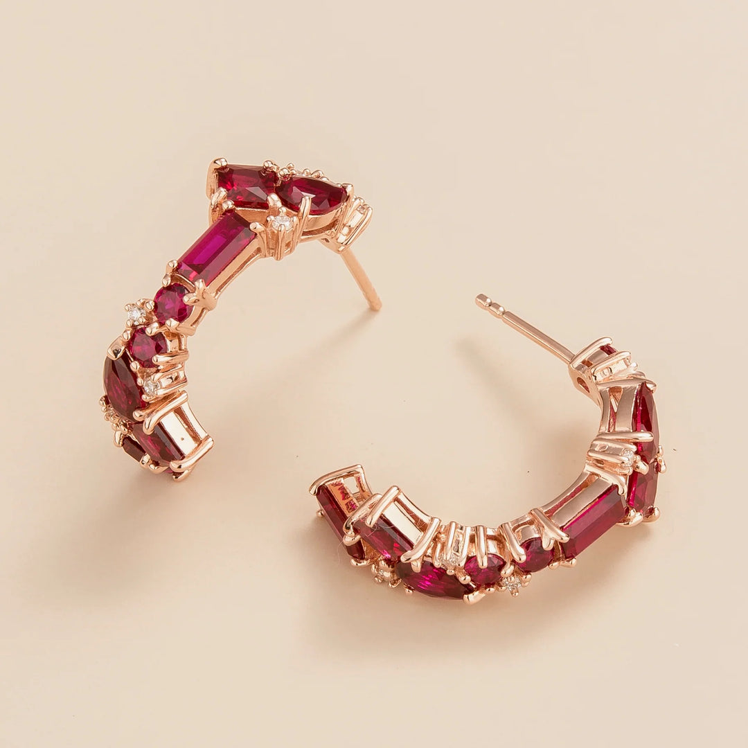 Lanna medium hoop earrings in 18K pink gold vermeil set with lab grown ruby and diamond gem stones. Perfect for yourself and as gift.