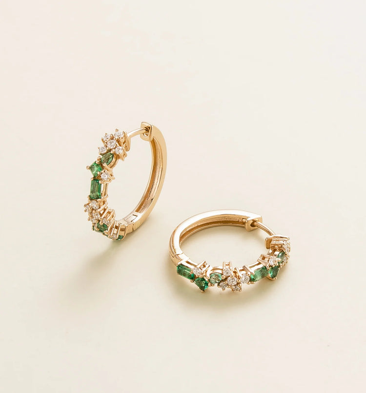 Lanna Small Hoop Huggie Earrings In Emerald and Diamond Set In Gold Best London Jewellery Store