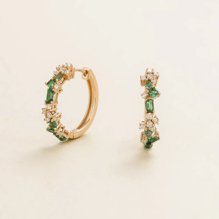 Lanna Small Hoop Huggie Earrings In Emerald and Diamond Set In Gold Bespoke London Jewellery Store