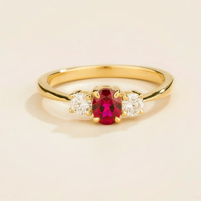 Boble Ruby Oval & Diamond Three-Stone Ring in Gold