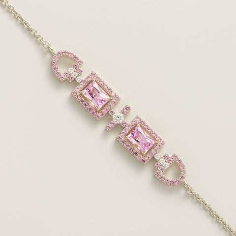 Ciceris Pink Sapphire and Diamond Rectangle Halo Statement White Gold Bracelet