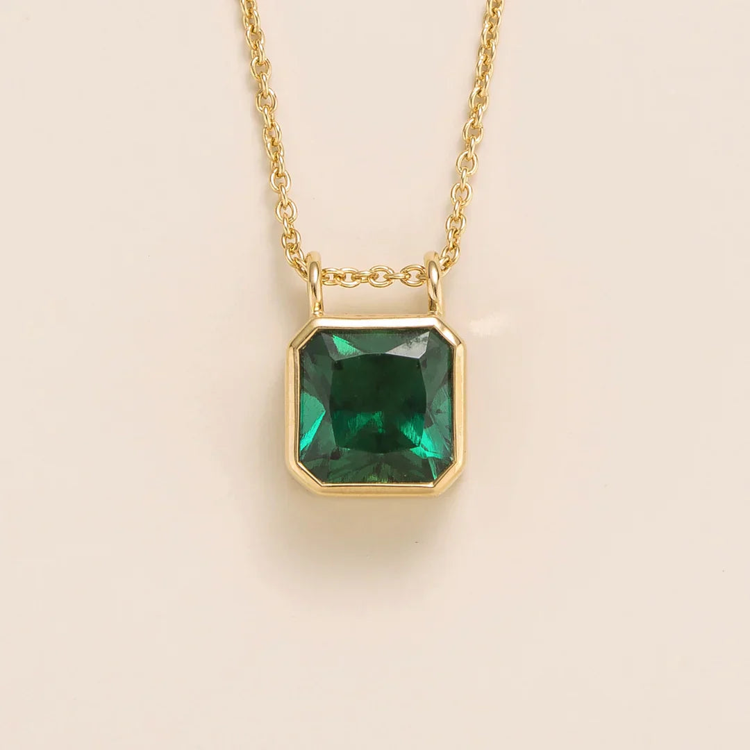 Asscher-cut lab-grown emerald pendant necklace, Calin design in gold | Juvetti London