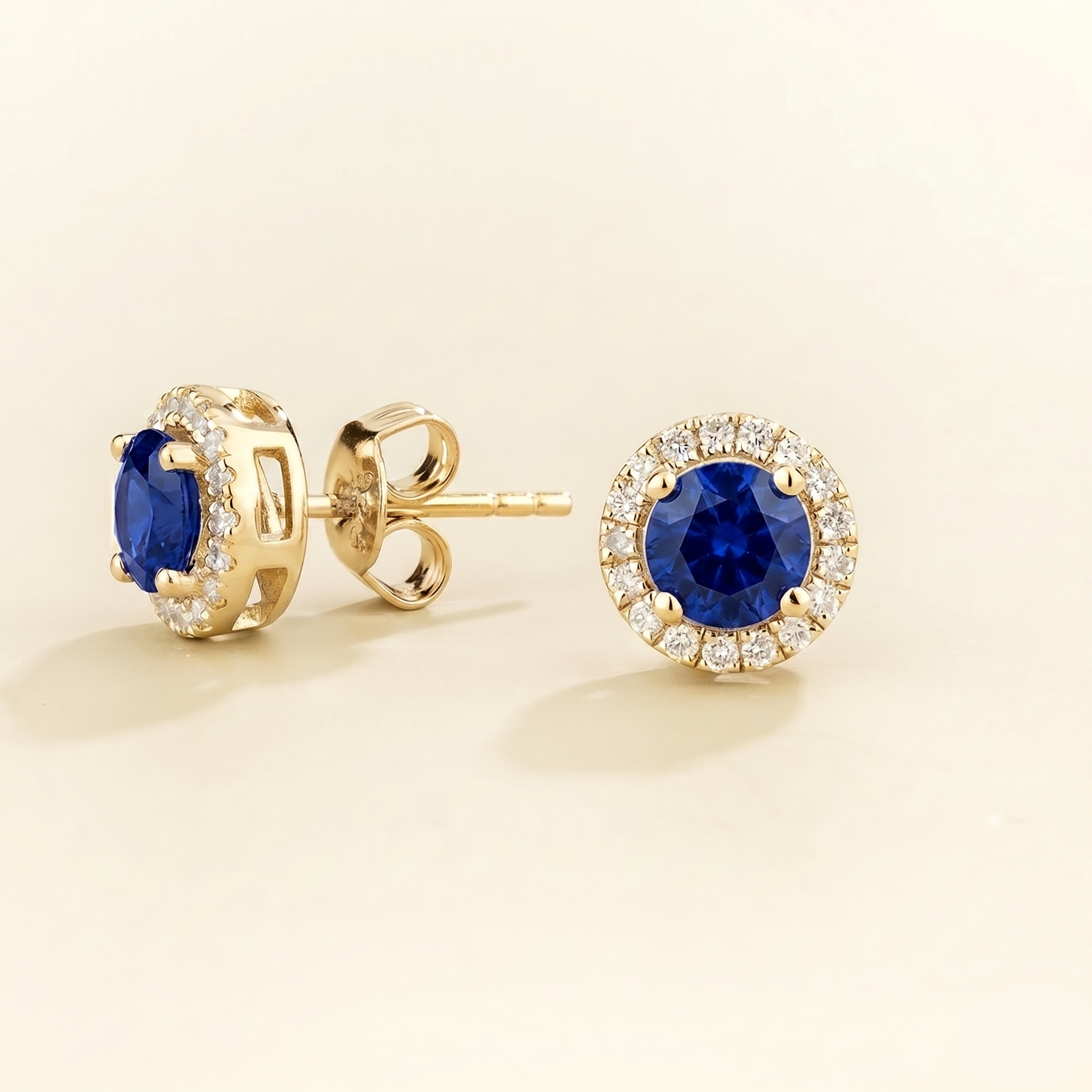 Mars Blue Sapphire Round & Diamond Halo Earrings In Gold
