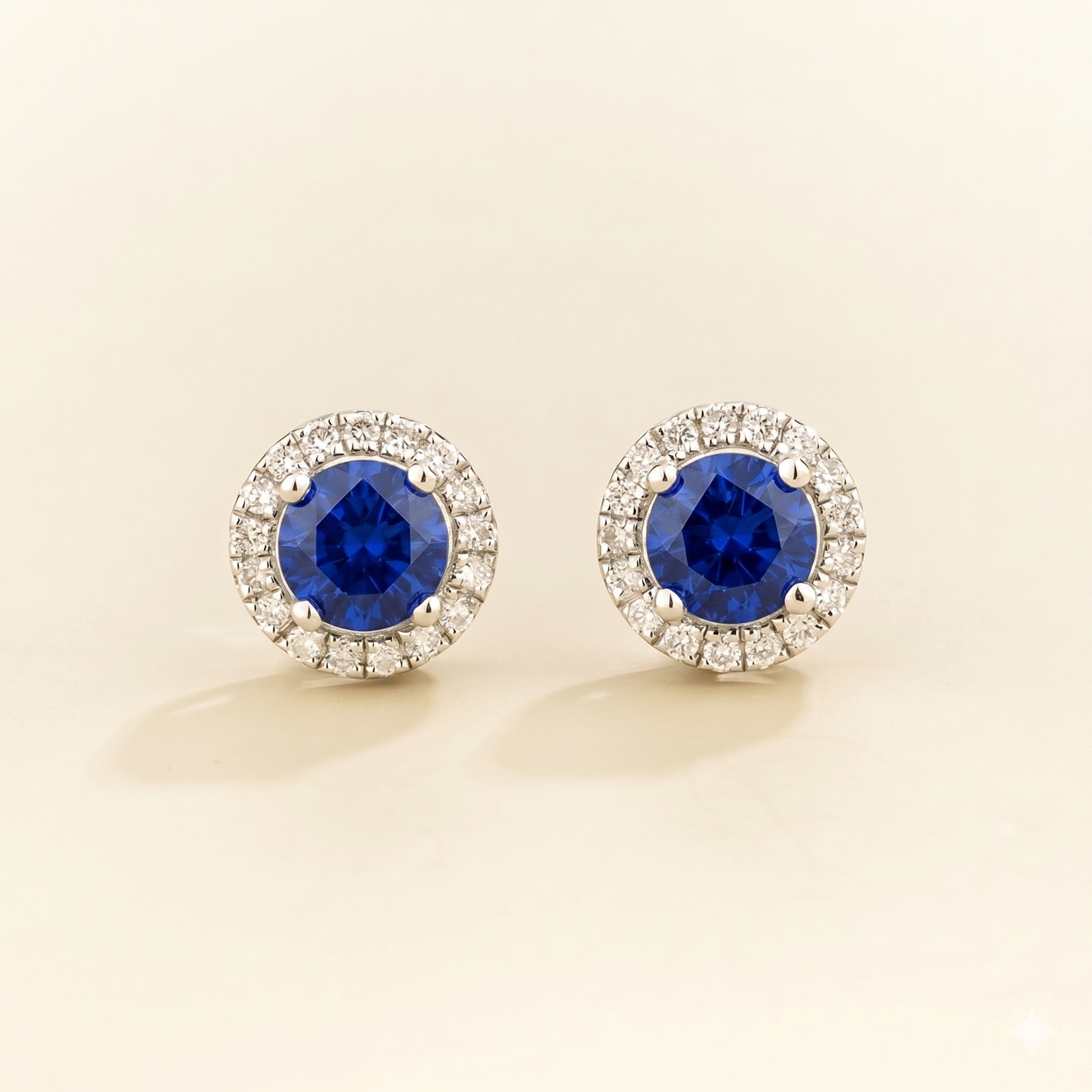 Mars Blue Sapphire Round & Diamond Halo Earrings In White Gold