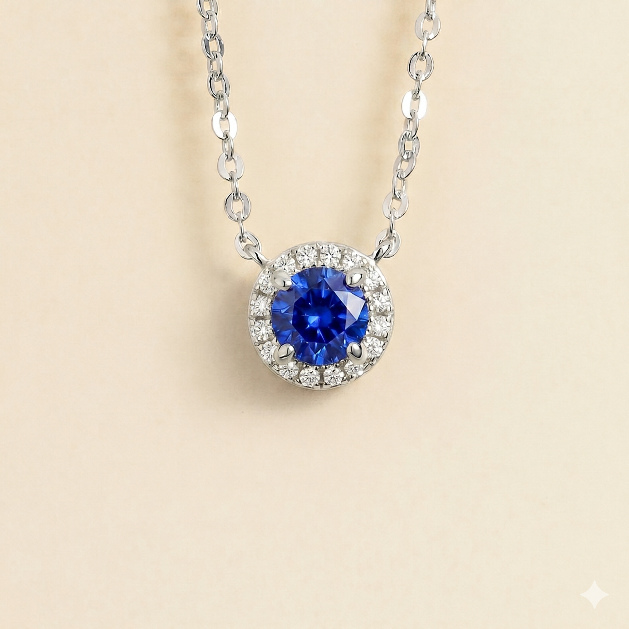 Mars Blue Sapphire Round & Diamond Halo Necklace In White Gold