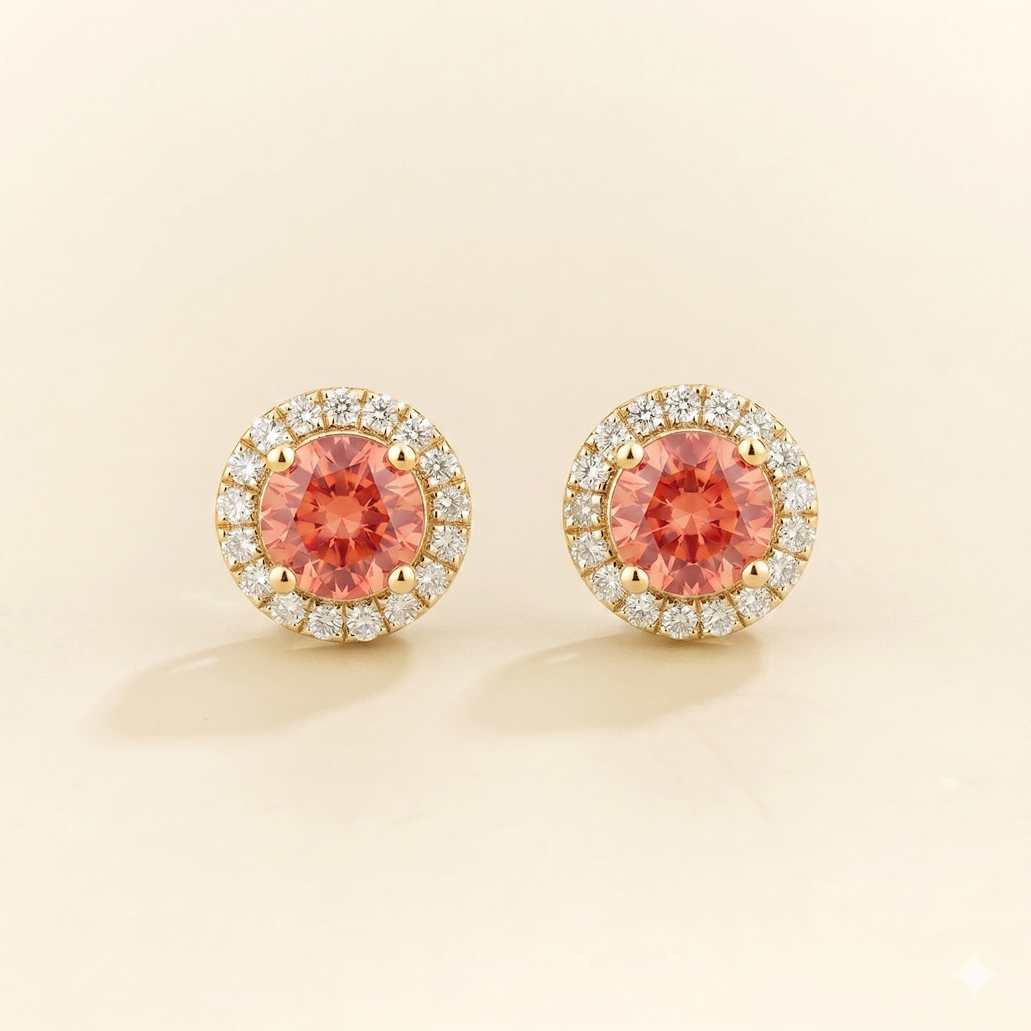 Mars Padparadscha Sapphire Round & Diamond Halo Earrings In Gold