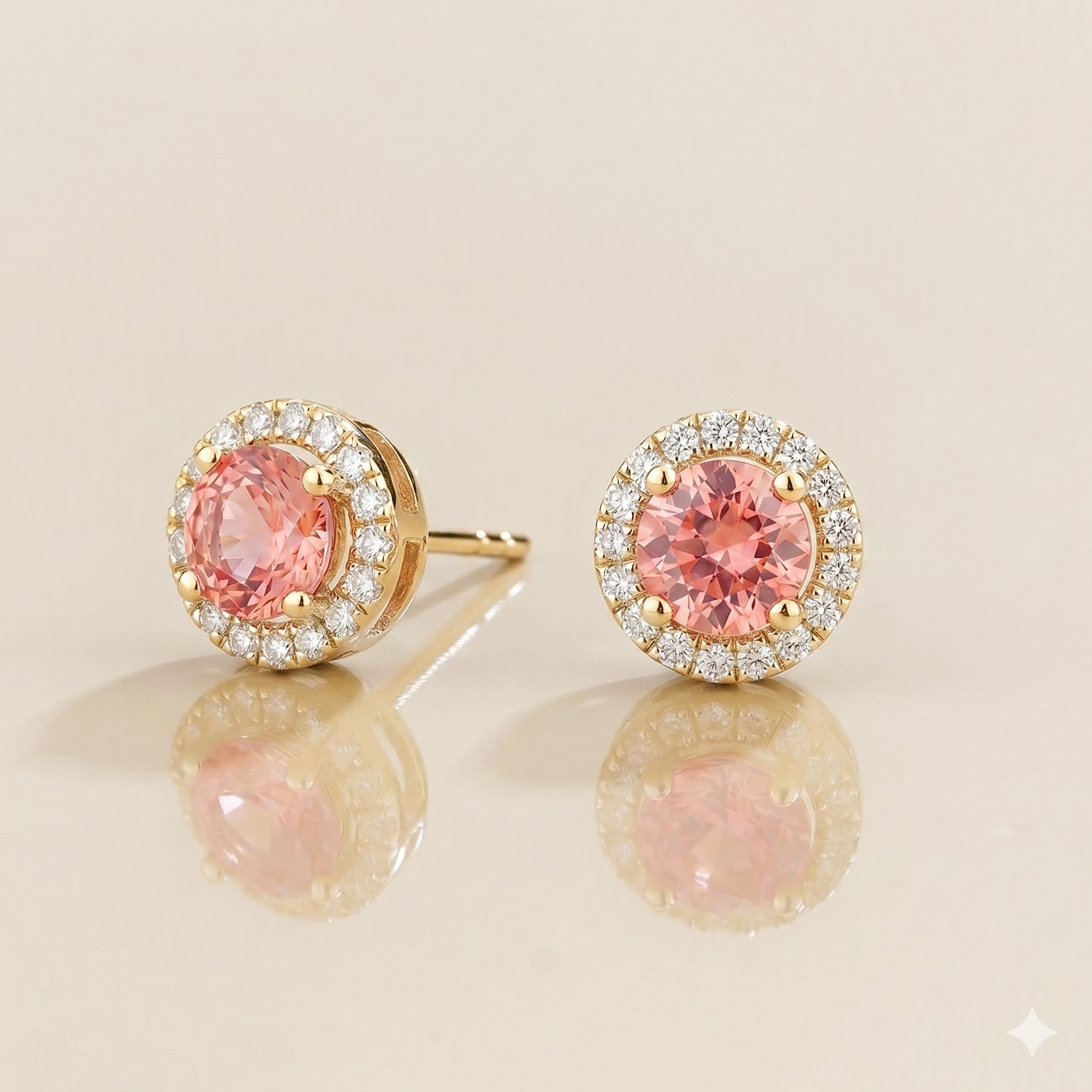 Mars Padparadscha Sapphire Round & Diamond Halo Earrings In Gold