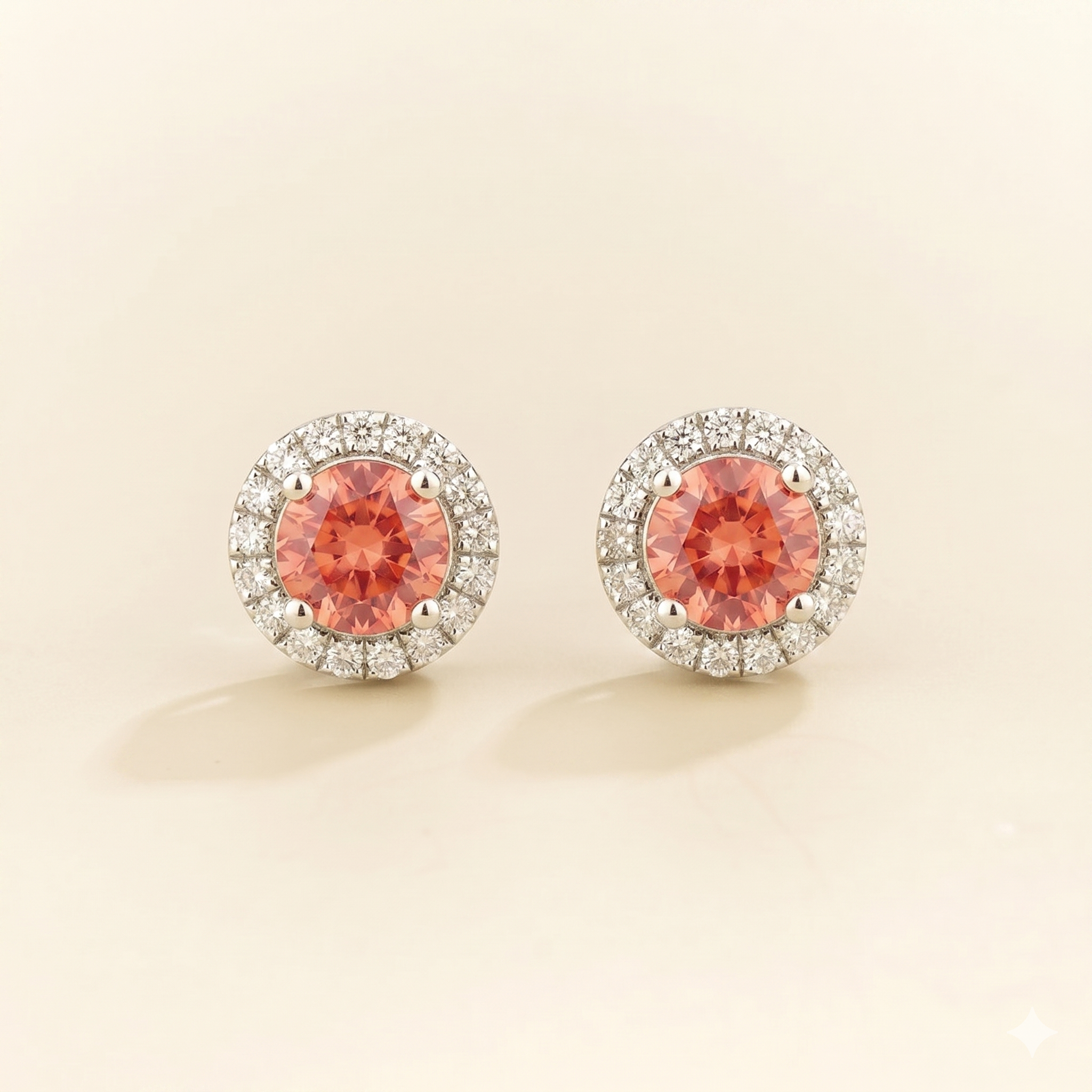 Mars Padparadscha Sapphire Round & Diamond Halo Earrings In White Gold