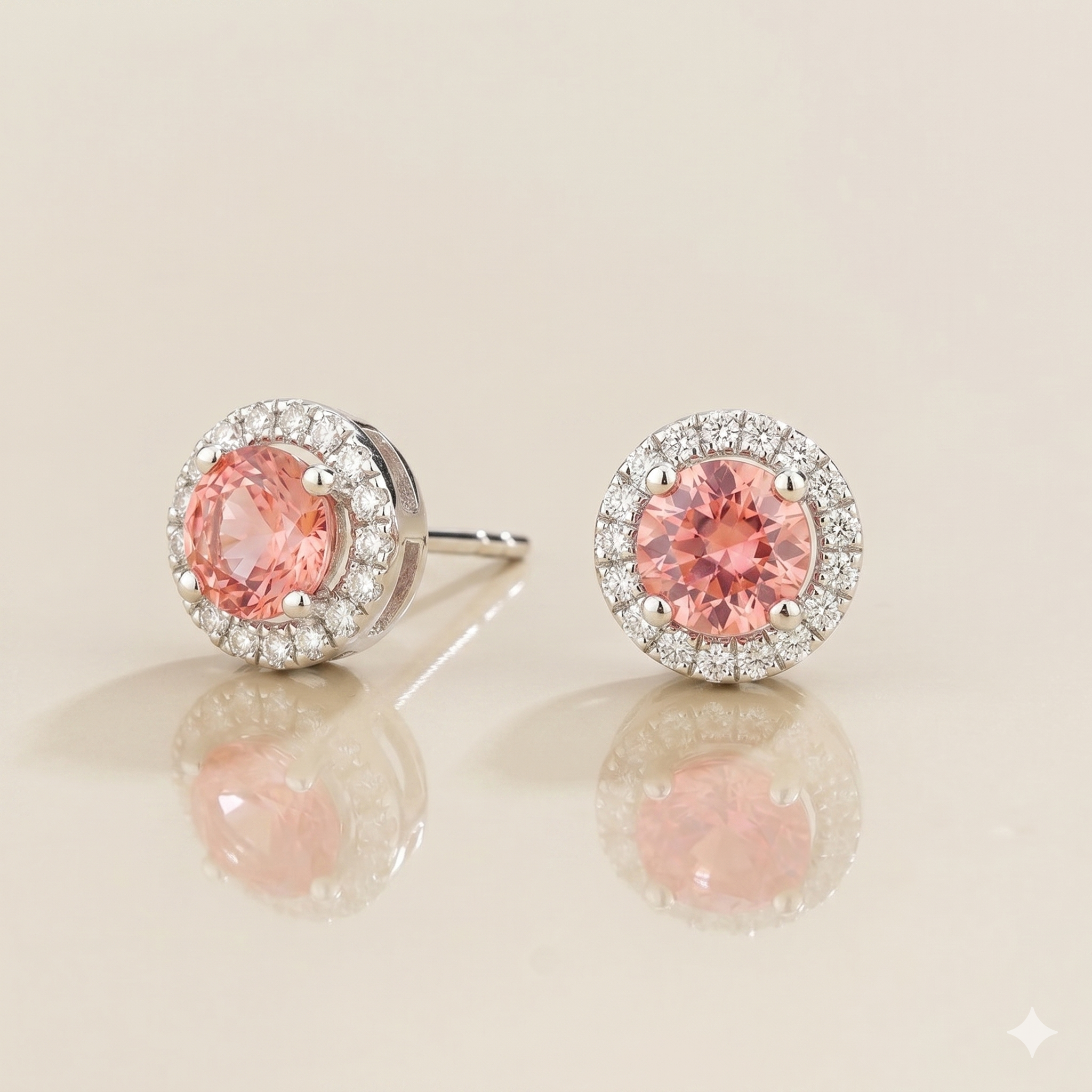 Mars Padparadscha Sapphire Round & Diamond Halo Earrings In White Gold