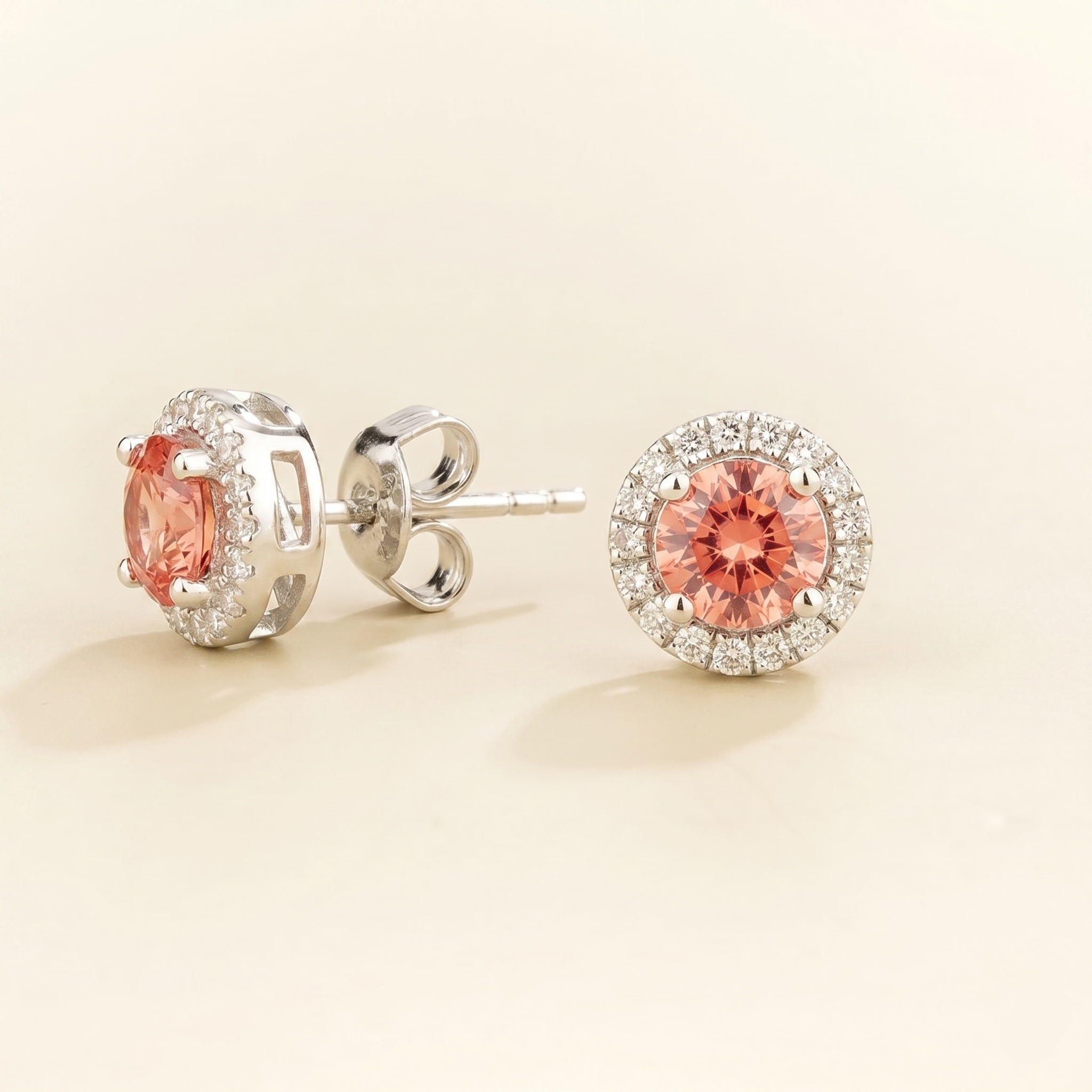 Mars Padparadscha Sapphire Round & Diamond Halo Earrings In White Gold