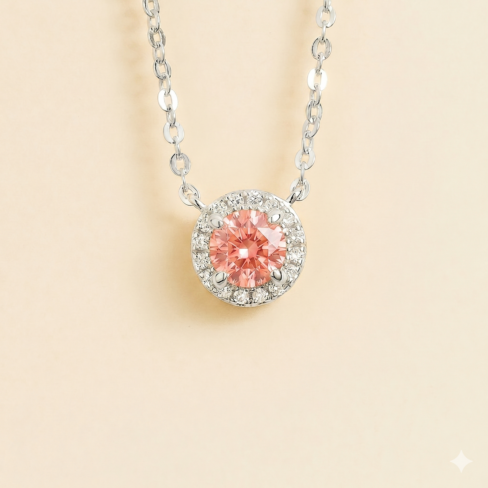 Mars Padparadscha Sapphire Round & Diamond Halo Necklace In White Gold