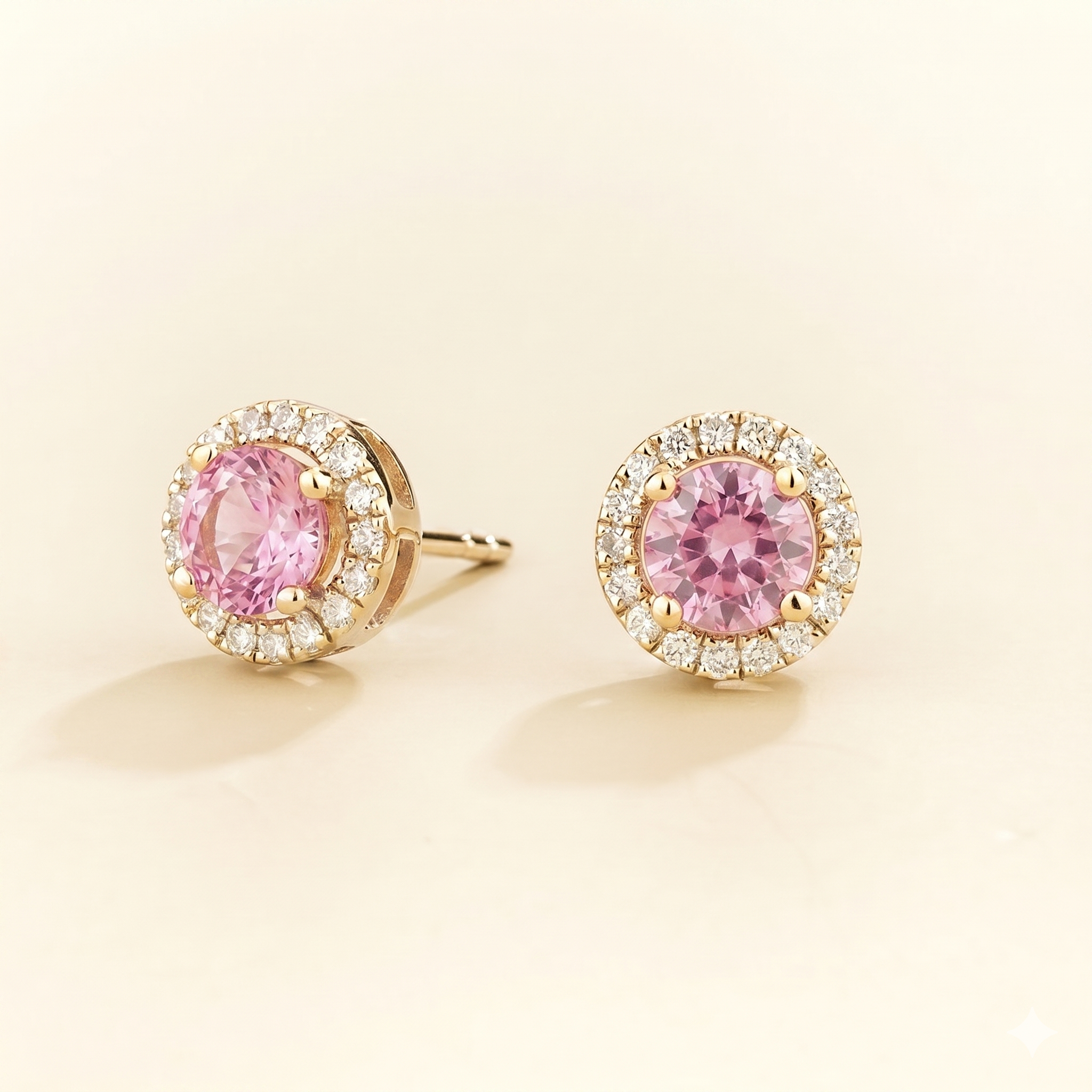 Mars Pastel Pink Sapphire Round & Diamond Halo Earrings In Gold