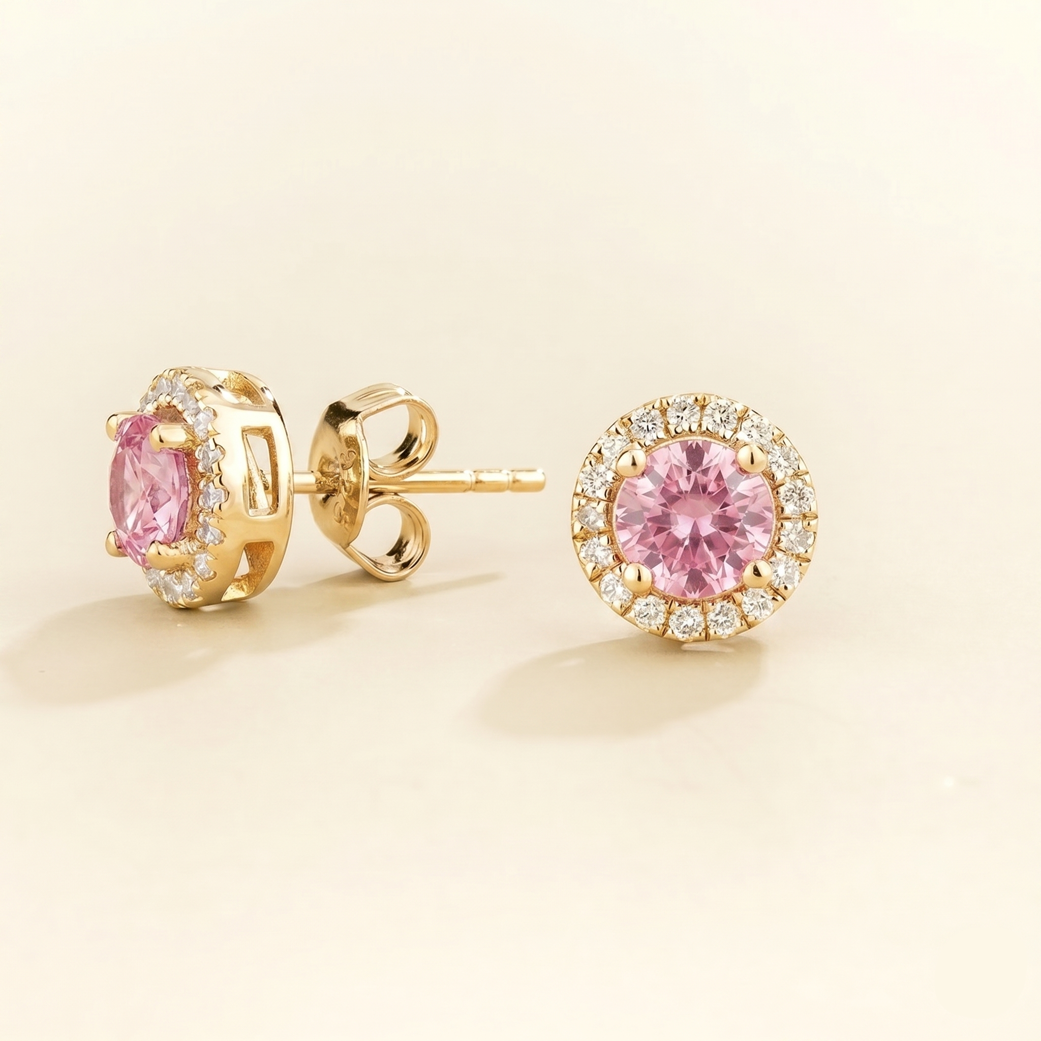 Mars Pastel Pink Sapphire Round & Diamond Halo Earrings In Gold