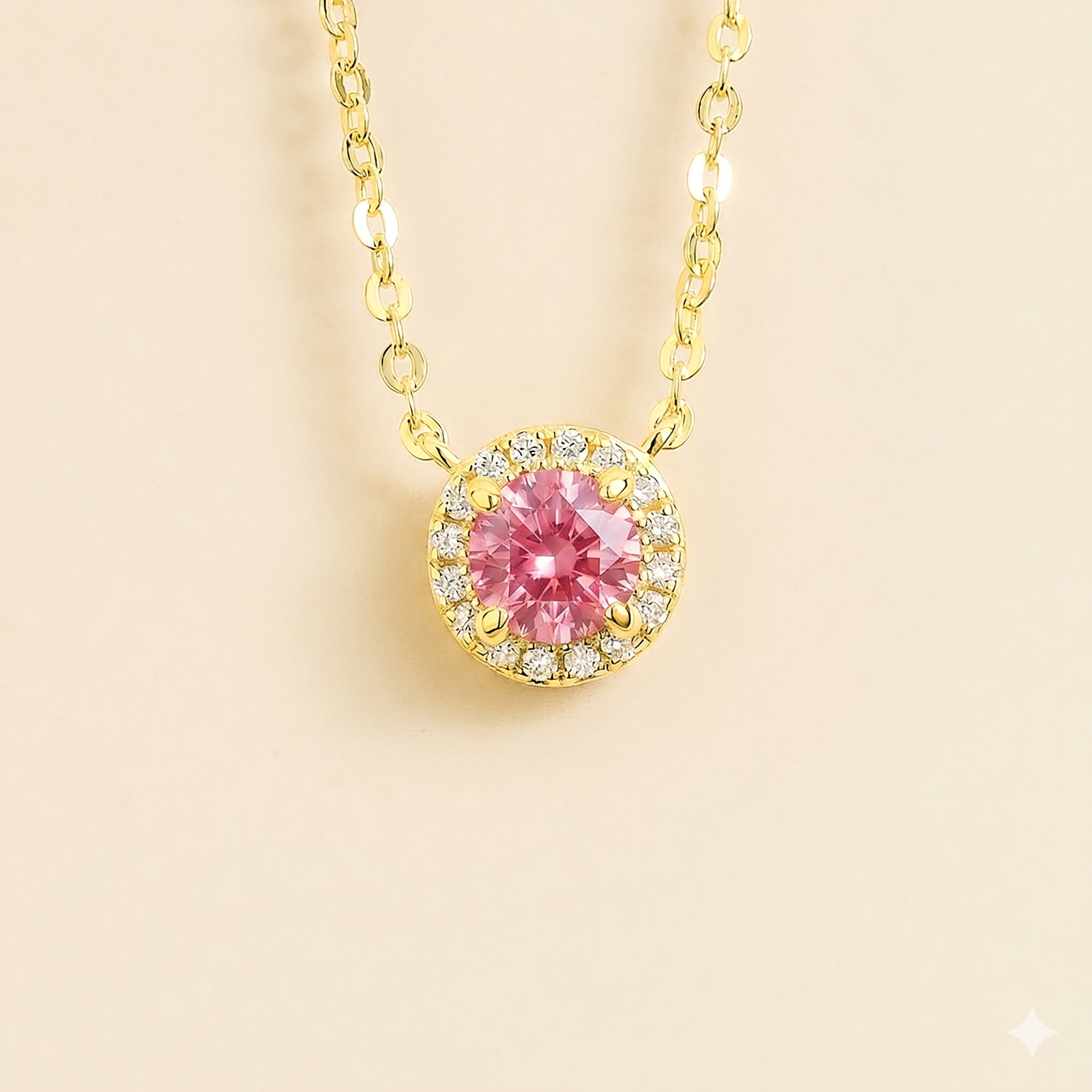 Mars Pastel Pink Sapphire Round & Diamond Halo Necklace In Gold