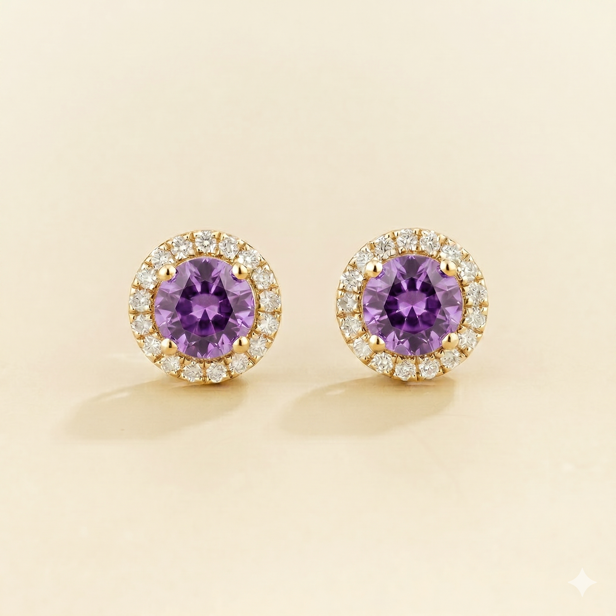 Mars Purple Sapphire Round & Diamond Halo Earrings In Gold