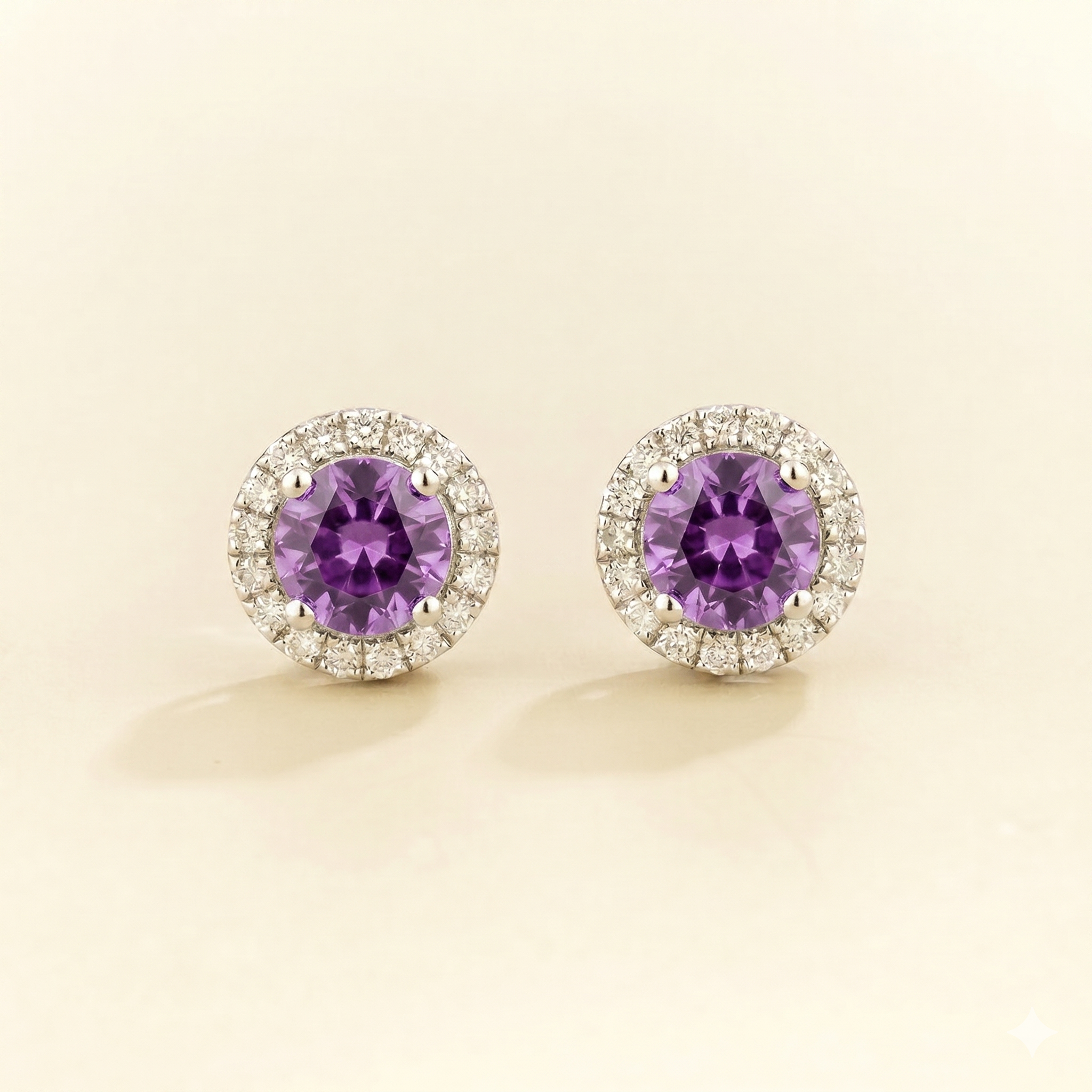 Mars Purple Sapphire Round & Diamond Halo Earrings In White Gold