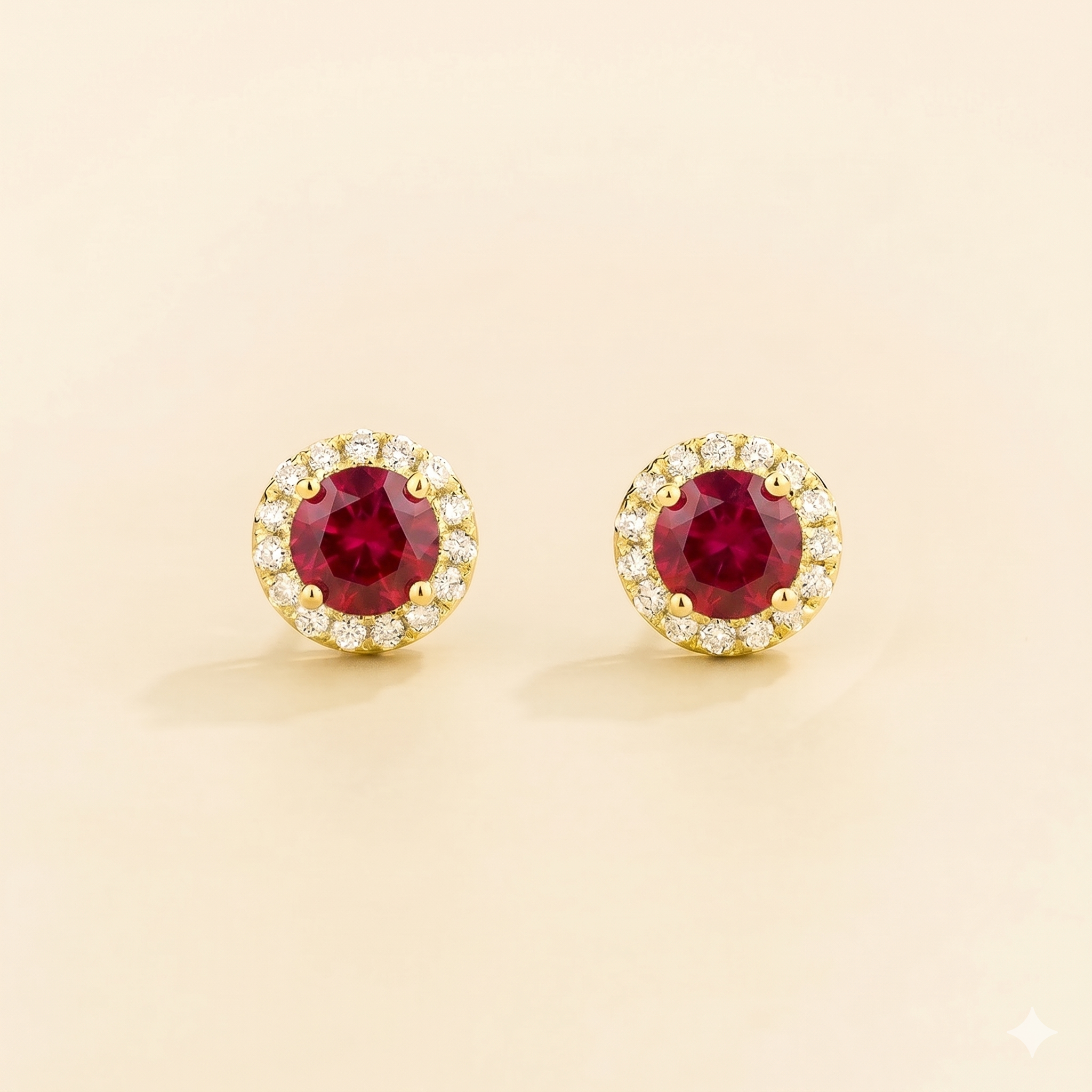 Mars Ruby Round & Diamond Halo Earrings In Gold