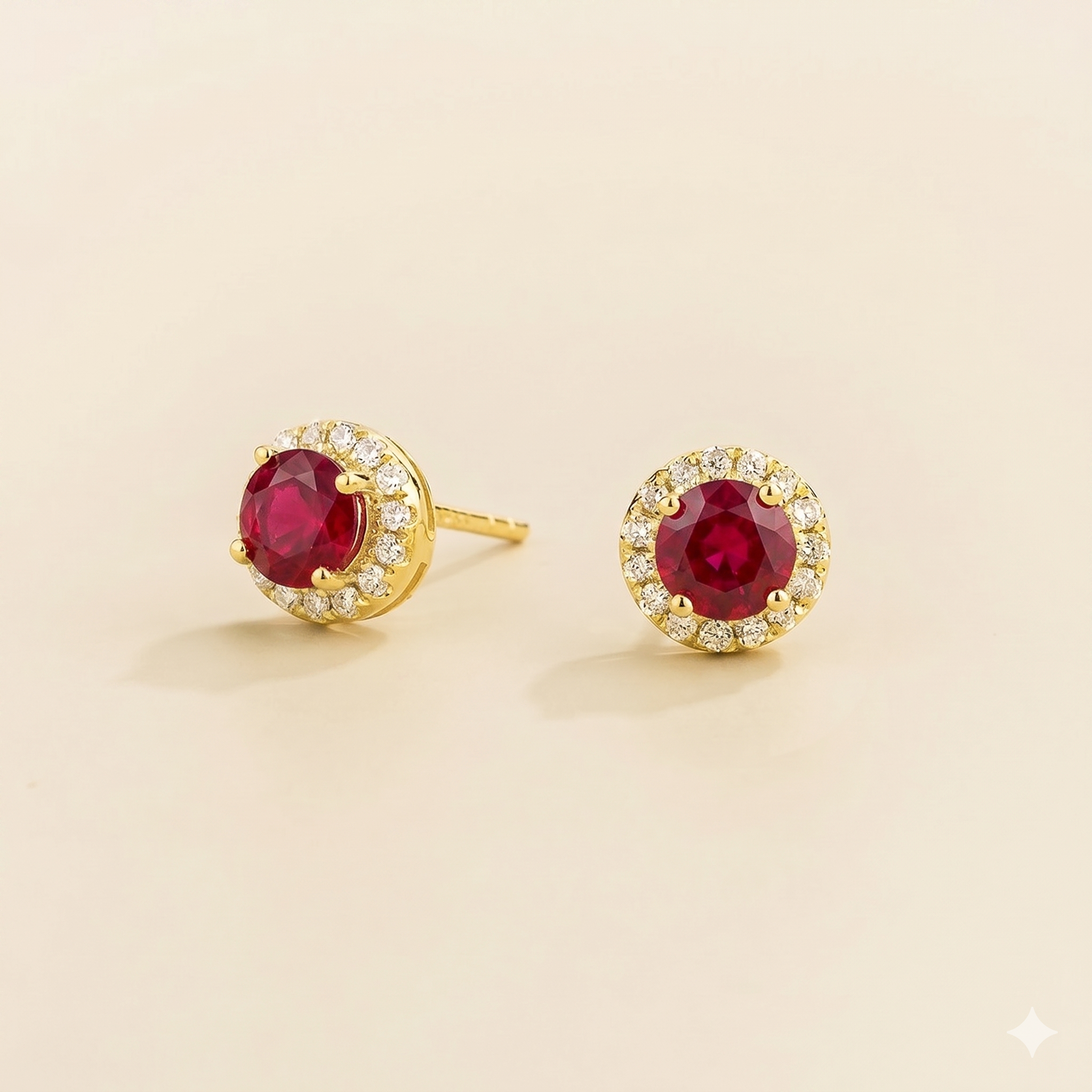 Mars Ruby Round & Diamond Halo Earrings In Gold