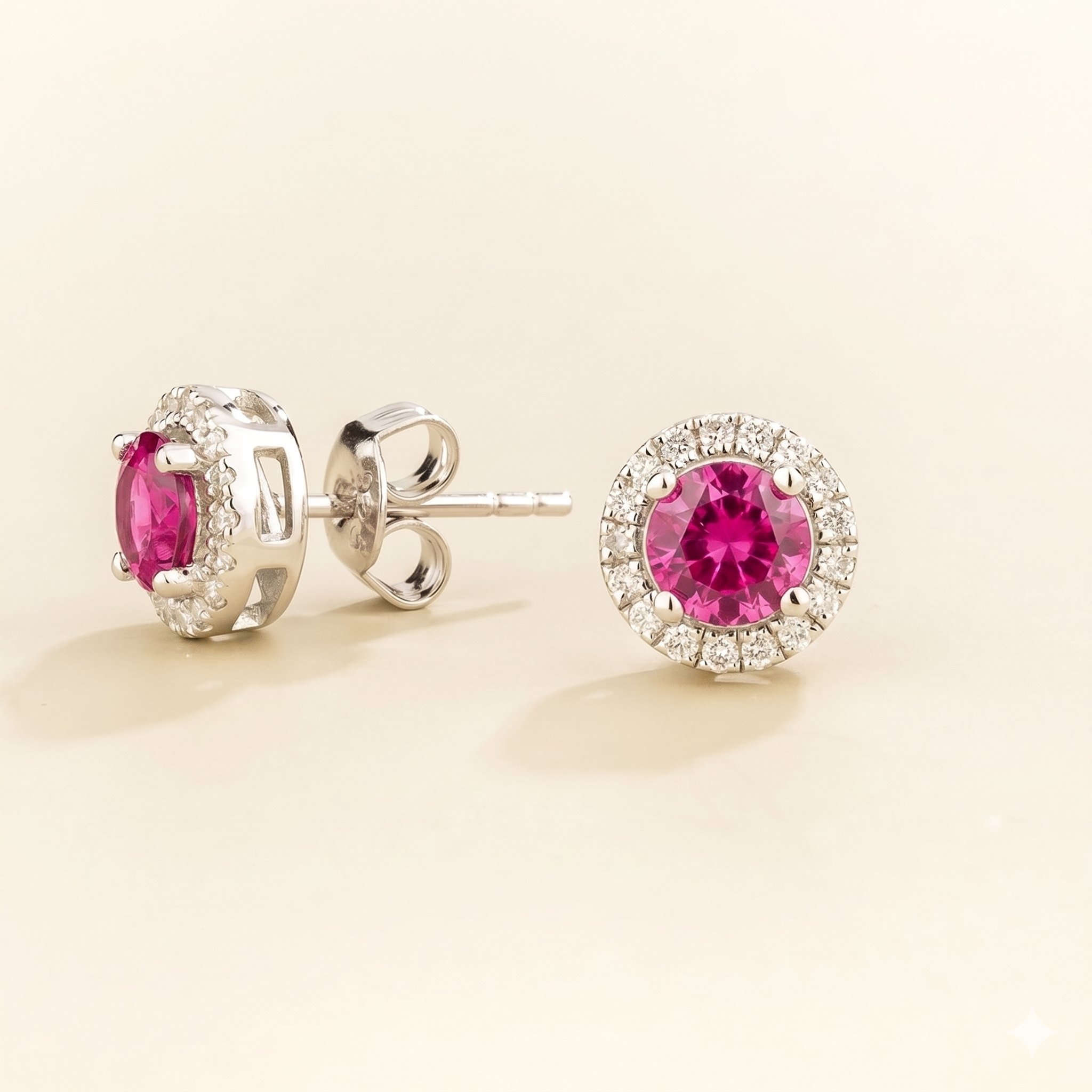 Mars Vivid Pink Sapphire Round & Diamond Halo Earrings In White Gold