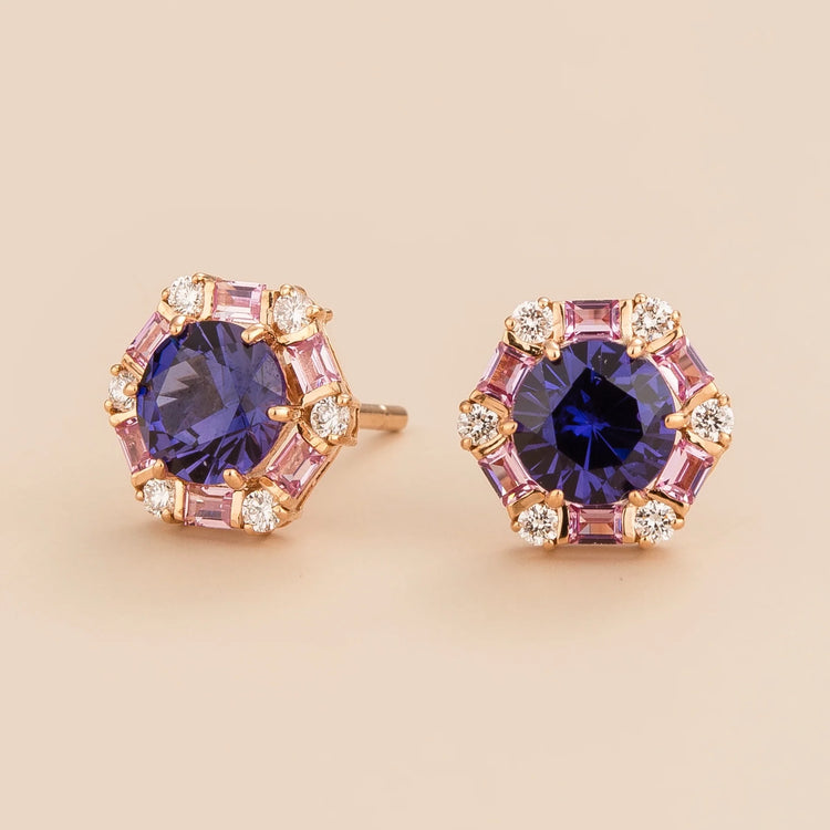 Melba earrings in 18K pink gold vermeil set with lab grown pink sapphire, purple sapphire and diamond gem stones. Perfect for yourself and as gift.