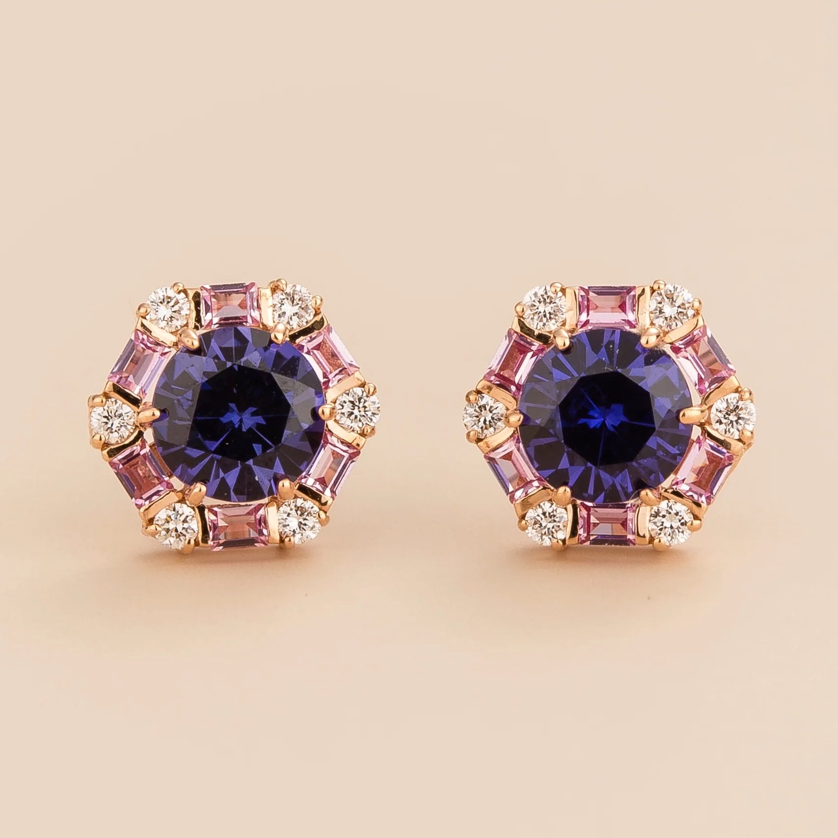 Melba earrings in 18K pink gold vermeil set with lab grown pink sapphire, purple sapphire and diamond gem stones. Perfect for yourself and as gift.