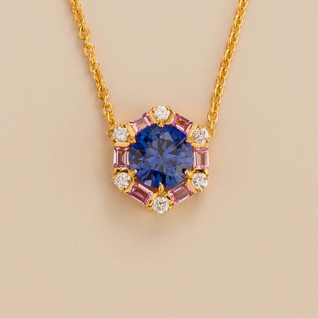 Melba Gold Necklace Set With Blue Sapphire Necklace Pink Sapphire Necklace and Diamond