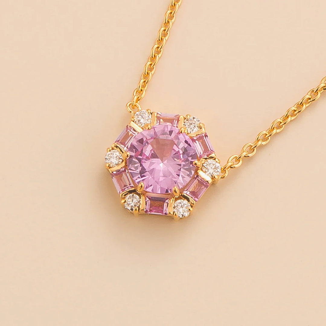 Melba Gold Necklace Set With Pink Sapphire Necklace with Diamond By Juvetti